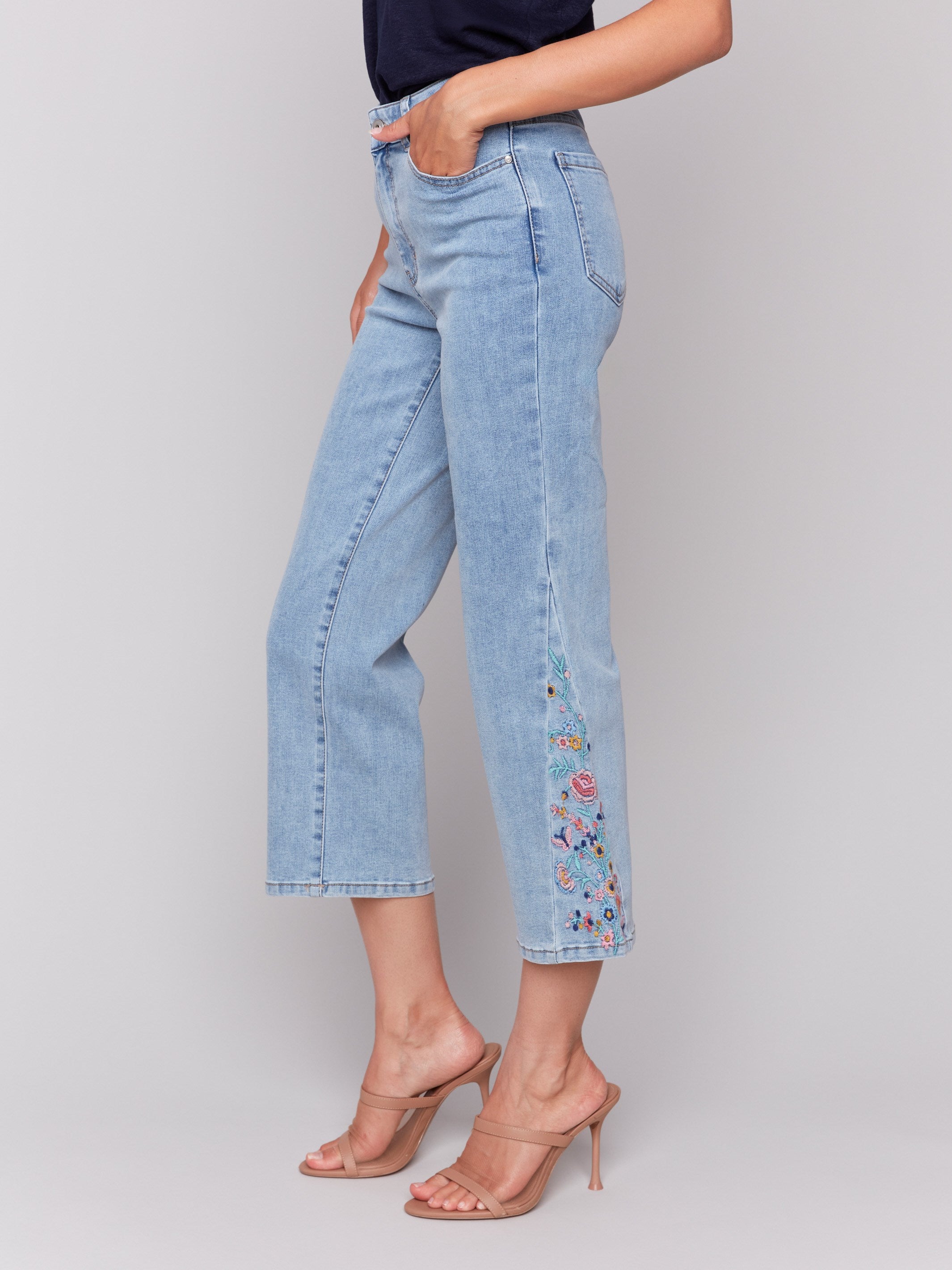 Stylish Cropped Flare Jeans with Side Cut Floral Embroidery - Light Blue Denim for Women | Perfect for Casual Outings & Boho Fashion