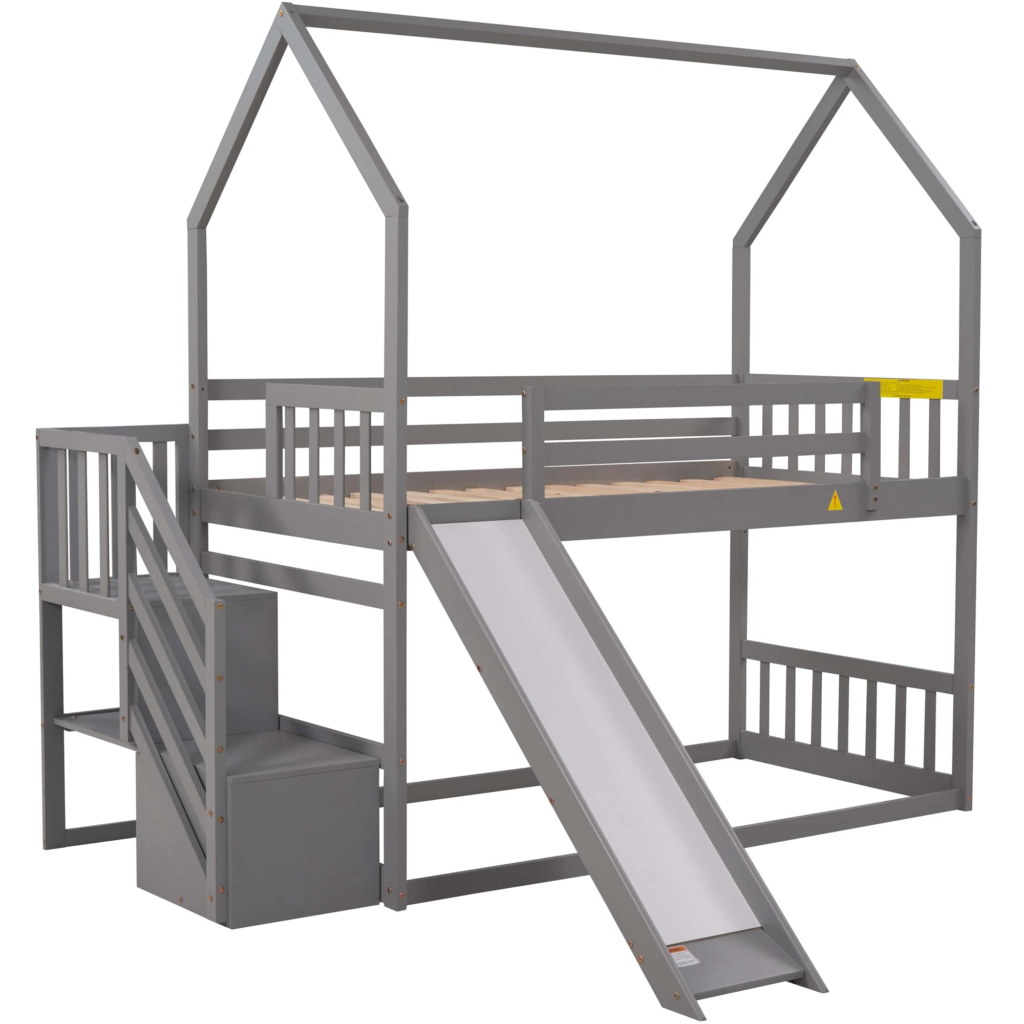 Twin Over Twin Wooden Bunk Bed with Slide, 2 Drawers, Roof & Guardrails - No Box Spring Needed - Perfect for Kids, Teens & Family Bedrooms (Gray)