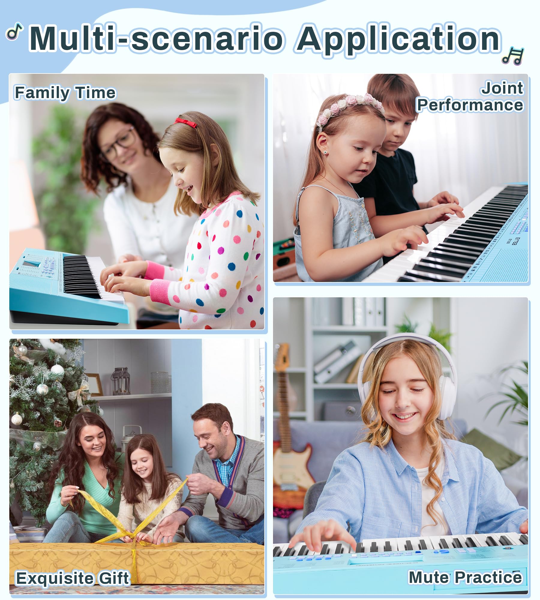 61-Key Electric Piano Keyboard for Beginners - 350 Tones, 350 Rhythms, 30 Demo Songs with LCD Display & Teaching Modes | Includes Headphones, Music Stand & Microphone | Perfect for Kids Learning Piano at Home (Blue)