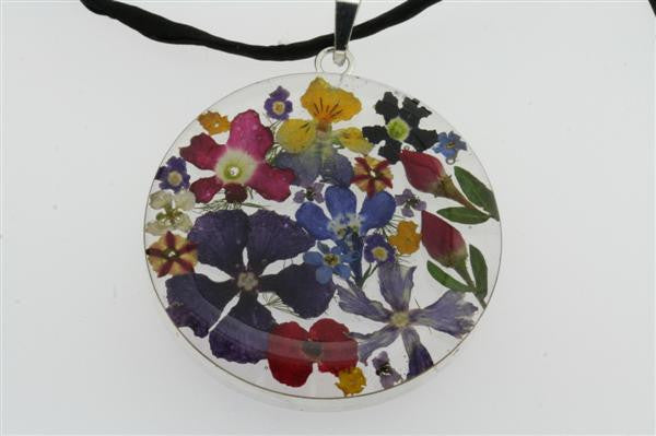 Handmade Flower Resin Pendant Necklace - Elegant Circle Design on Black Silk Cord - Perfect for Boho Fashion, Gift Giving & Special Occasions