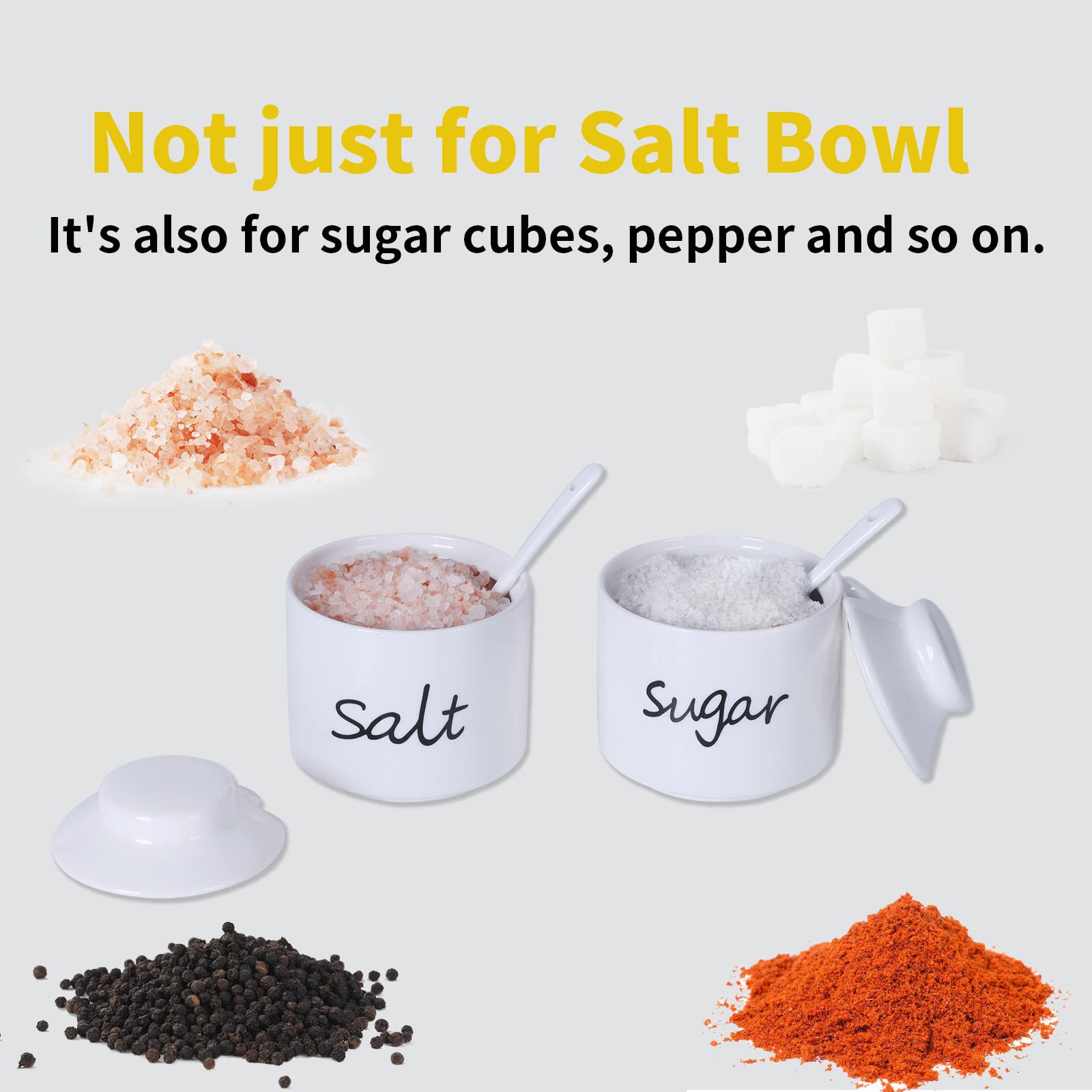 ONTUBE 8 oz Ceramic Sugar and Salt Bowls with Lid & Spoon - Airtight Kitchen Spice Storage Containers for Seasonings, Coffee, Tea | Dishwasher Safe, Elegant White for Countertop & Dining Table Decor