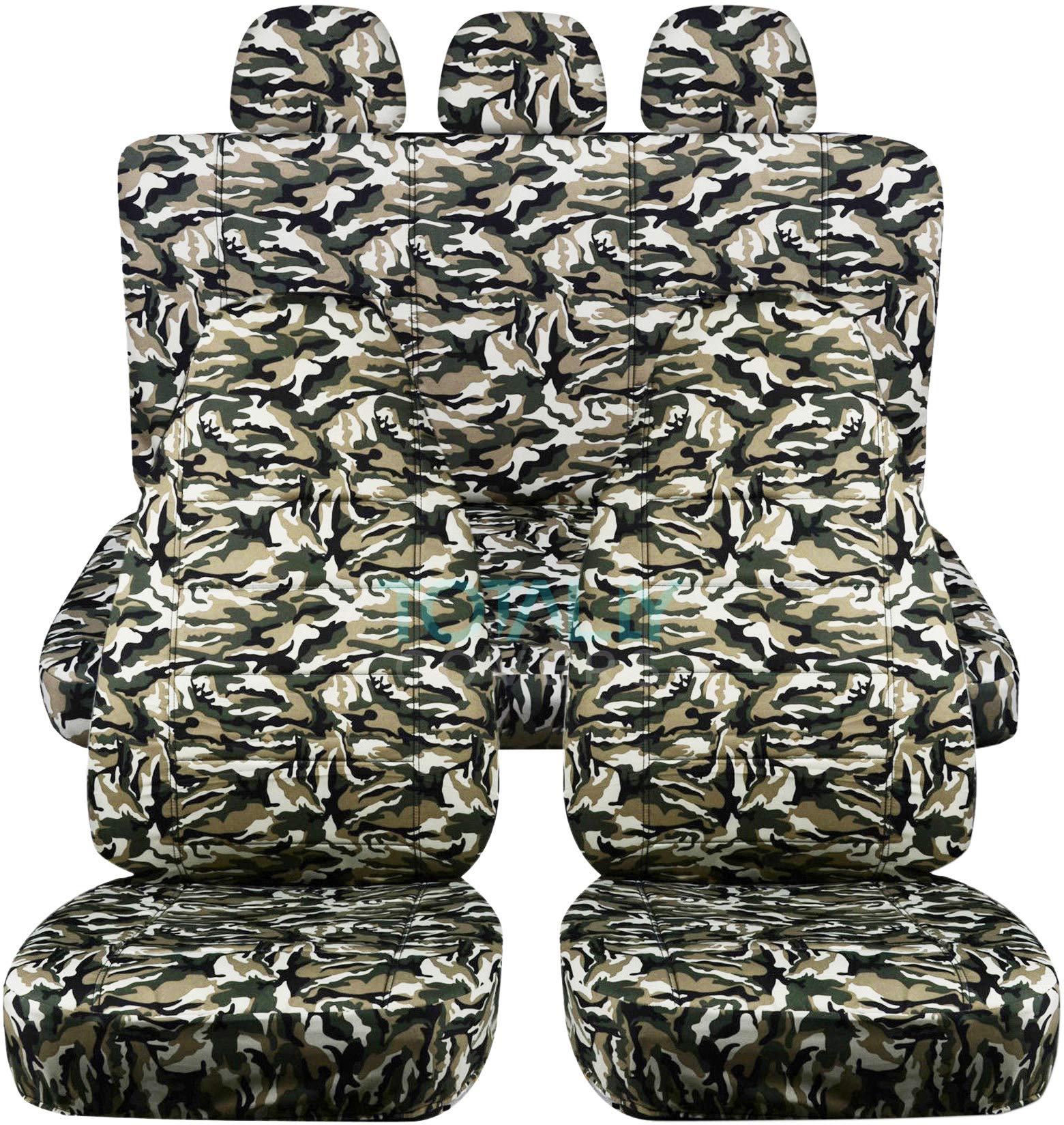 Beige & Green Camouflage Car Seat Covers Full Set with 3 Rear Headrest Covers - Semi-Custom Fit for Any Car, Truck, Van, RV or SUV - 22 Print Options - Perfect for Outdoor Adventures, Hunting & Off-Roading