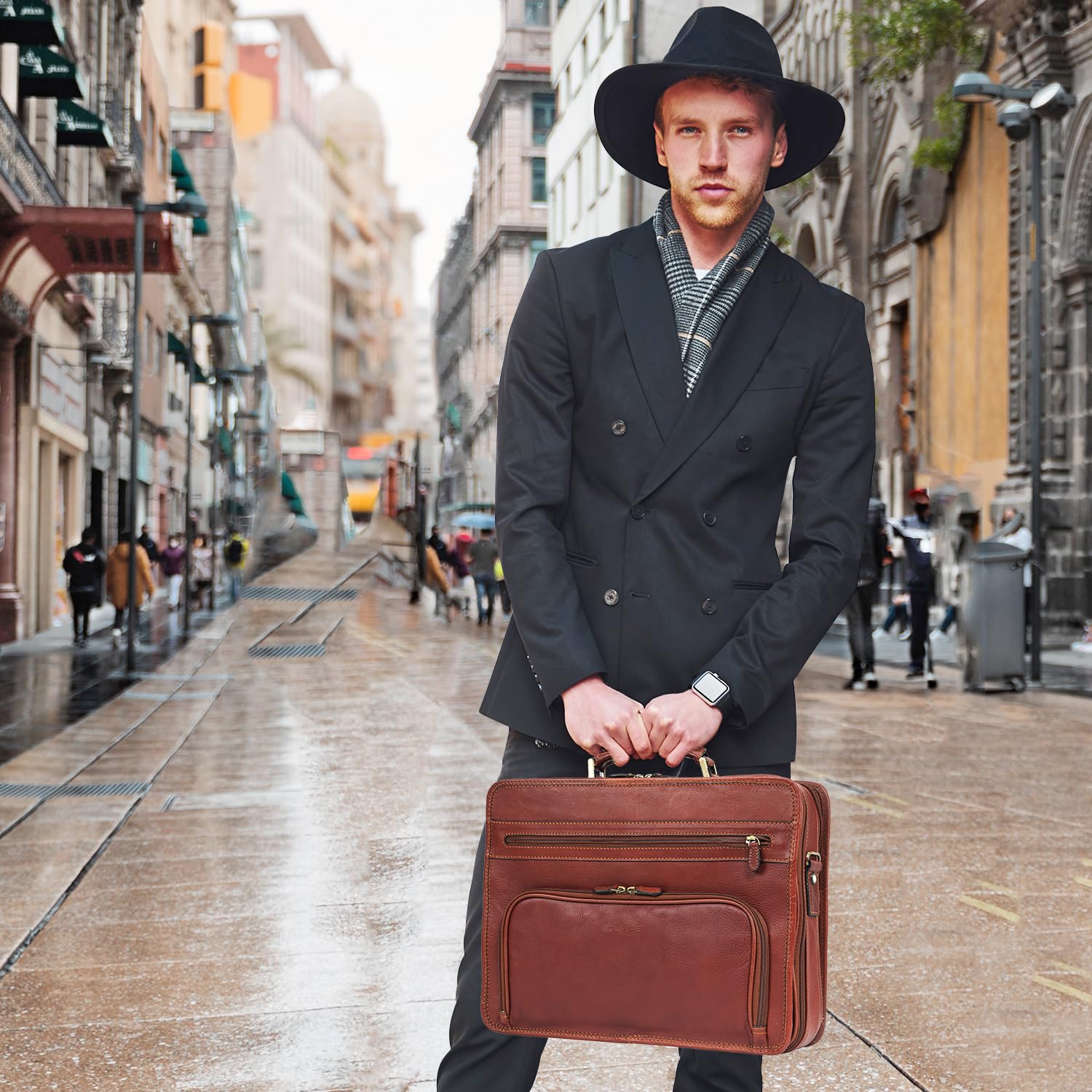 Premium Vintage Italian Leather Briefcase for Men - Full Grain Business Laptop Bag with Luggage Strap (Brown) - Ideal for Office, Travel & Professional Meetings