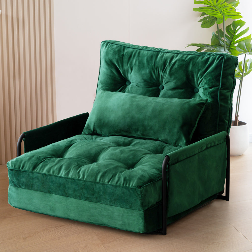 MAXYOYO Adjustable Floor Sofa Bed - Velvet Convertible Lazy Sofa Sleeper with Pillow & Armrest, Single Seat Green - Perfect for Small Spaces, Living Rooms & Dorm Rooms