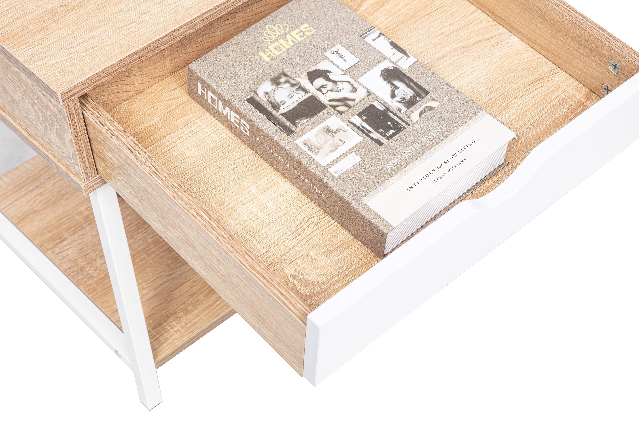 JJS Side End Table with Drawer and Storage Shelves - Nightstand, Bedside Table, Sofa Table for Living Room & Bedroom - Easy Assembly Oak/White Accent Furniture - Perfect for Small Spaces, Apartments and Dorm Rooms