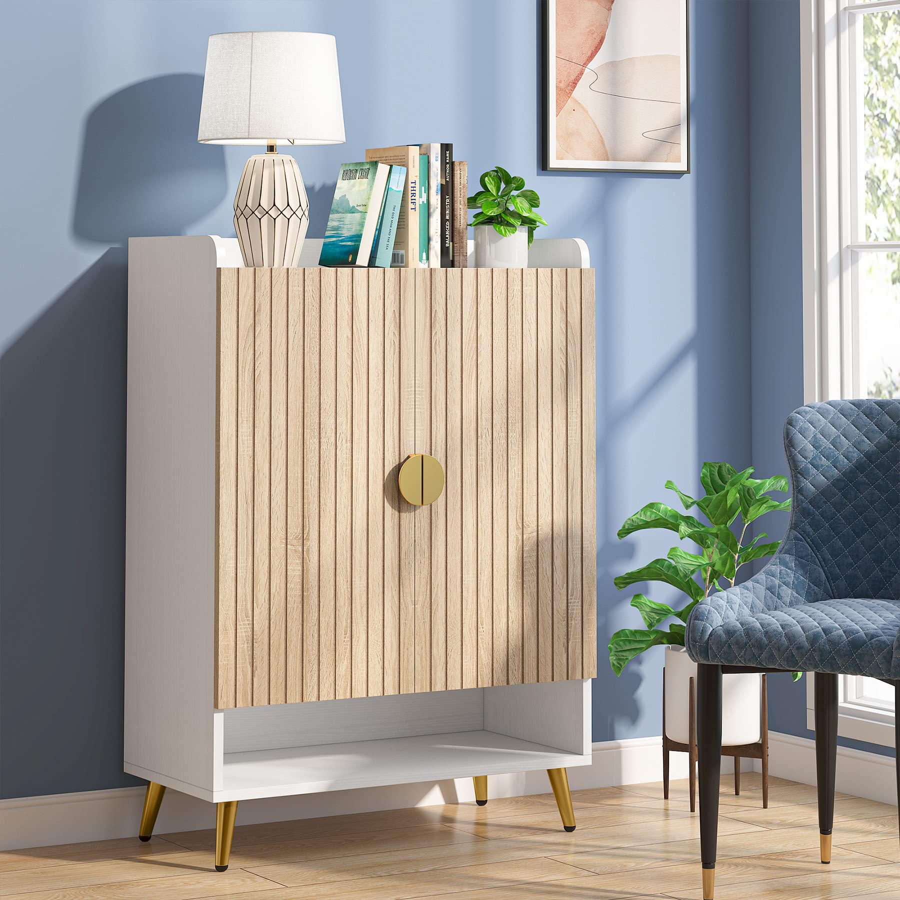 Tribesigns 7-Tier Wooden Shoe Cabinet with Adjustable Shelves & Doors - Modern Shoe Storage Organizer for Entryway, Hallway, Closet, Living Room - Gold Accent Wooden Shoe Rack for Home Organization & Space Saving