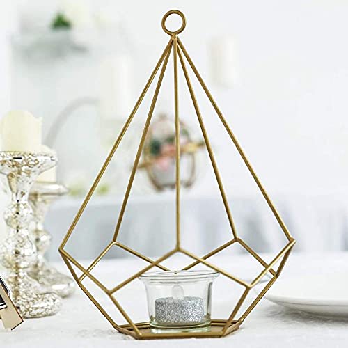 2-Pack 9-Inch Tall Gold Geometric Pentagon Hanging Candle Holders - Elegant Wedding Centerpiece Decor for Boho, Rustic & Modern Home Décor