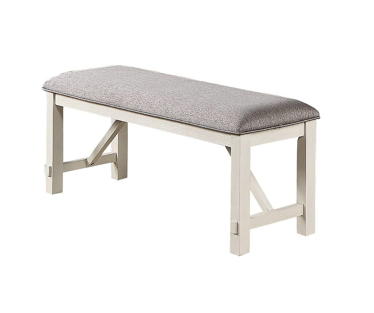 Gray Fabric Cushion Bench with White Clean Lines - Modern Dining Room Furniture for Kitchen, Entryway, and Bedroom Seating