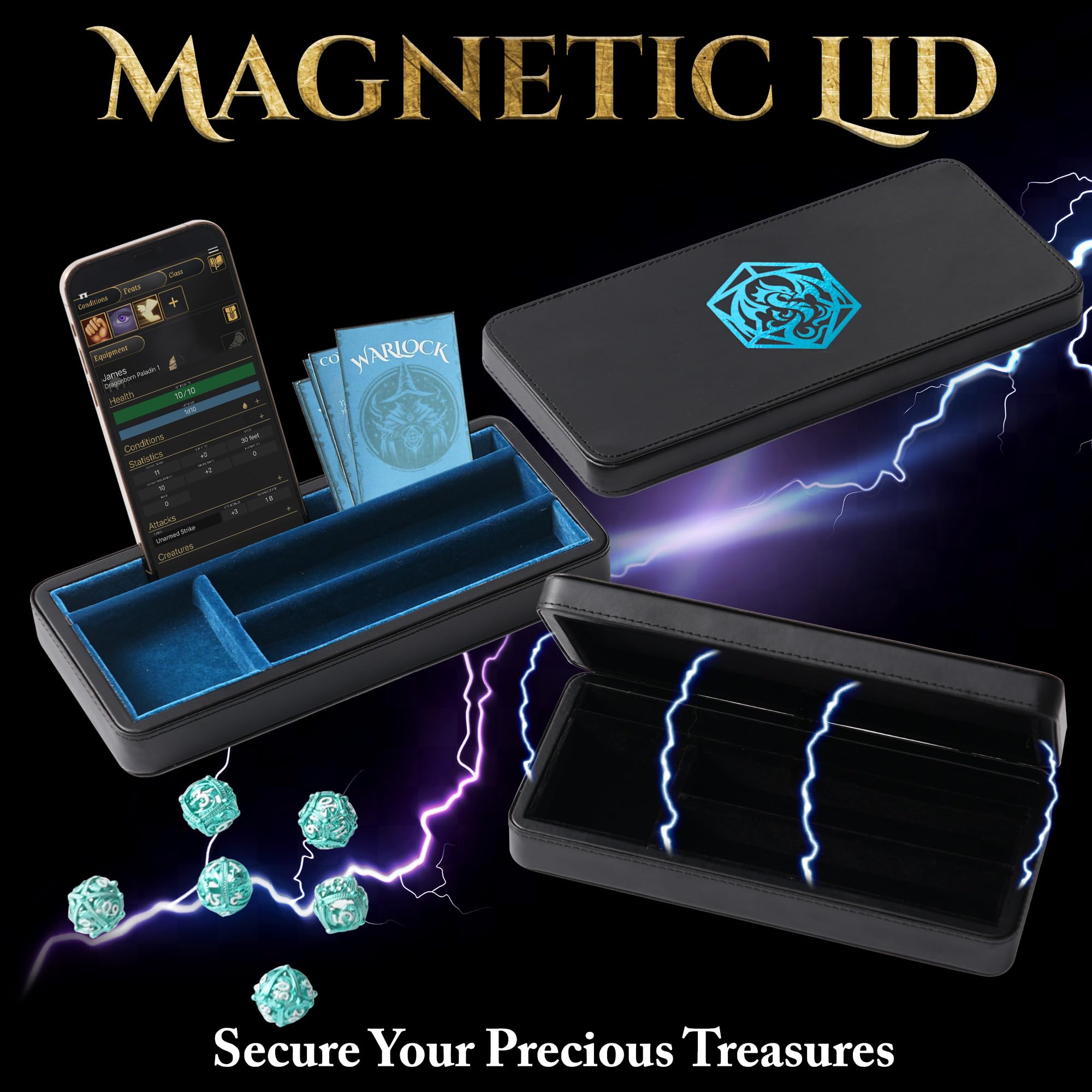 Premium Sanctum Dice Box for DND - Magnetic Lid Felt-Lined Storage Case with Dice Tray, Phone/Pen Slot - Perfect for D&D, RPG Games & Tabletop Miniatures - Organize Your Gaming Accessories in Style