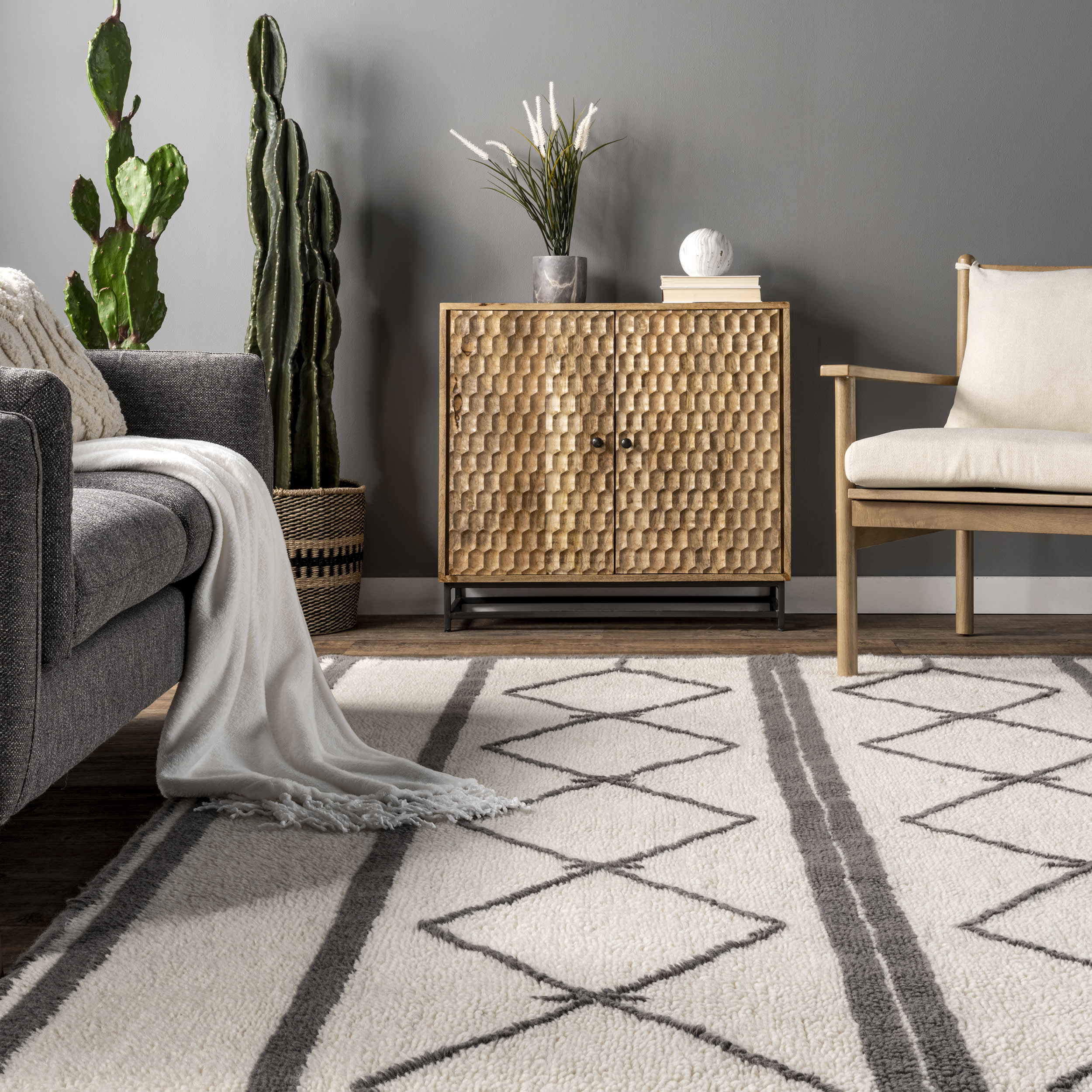 Aleena Wool Diamond Washable Rug - Soft Ivory Area Rug for Living Room, Bedroom & Dining Room | Machine Washable & Stain Resistant