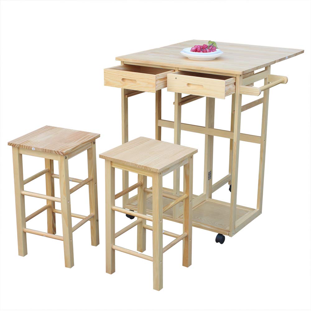 3Pcs Drop Leaf Wooden Dining Table Set for Small Spaces - Extendable Kitchen Table with Wheels for 2 People, Natural Finish - Perfect for Studio Apartments, Tiny Homes & Compact Dining Areas