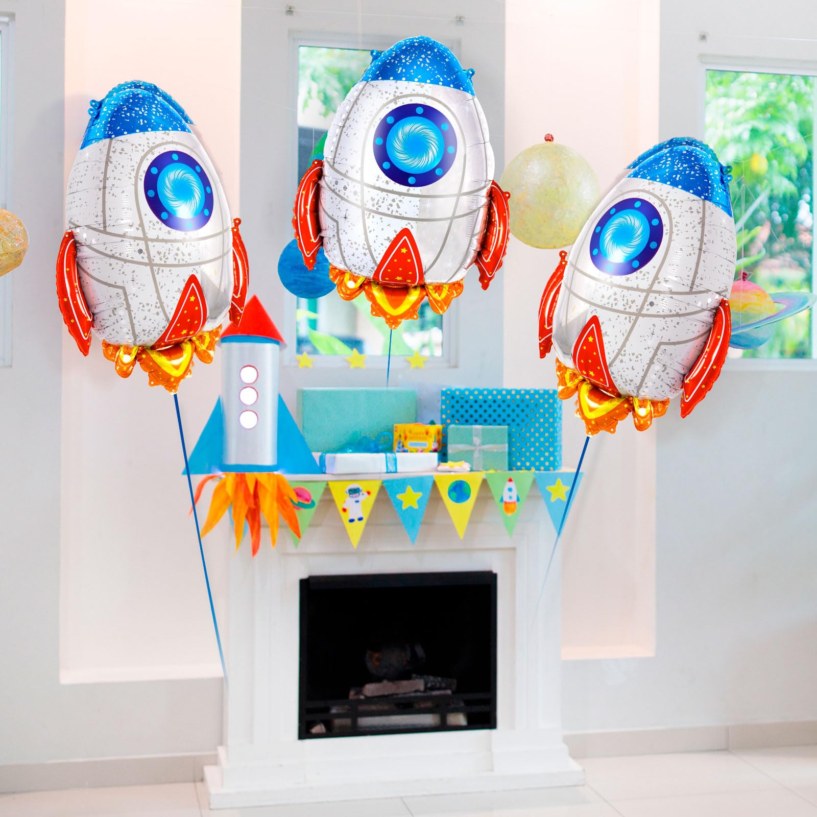 6 Pcs Blue Rocket Foil Balloons for Kids - Outer Space Party Decorations, Flying Mylar Balloons for Baby Showers & Universe Themed Birthday Parties - Perfect for Space Decor, Kids Room & Party Backdrops
