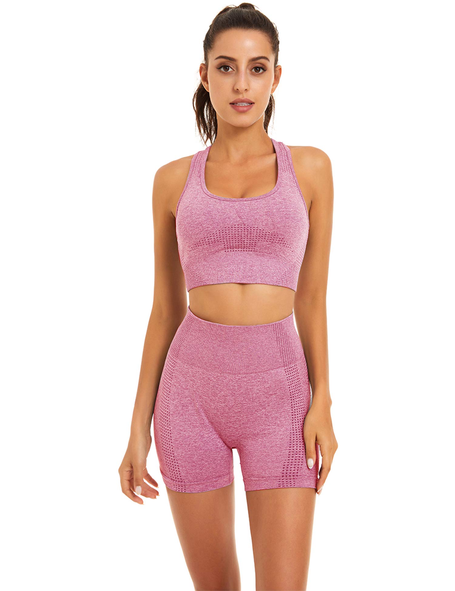 Women's Seamless Yoga Workout Set - 2 Piece Outfits with Gym Shorts & Sports Bra for Yoga, Pilates, Gym & Running