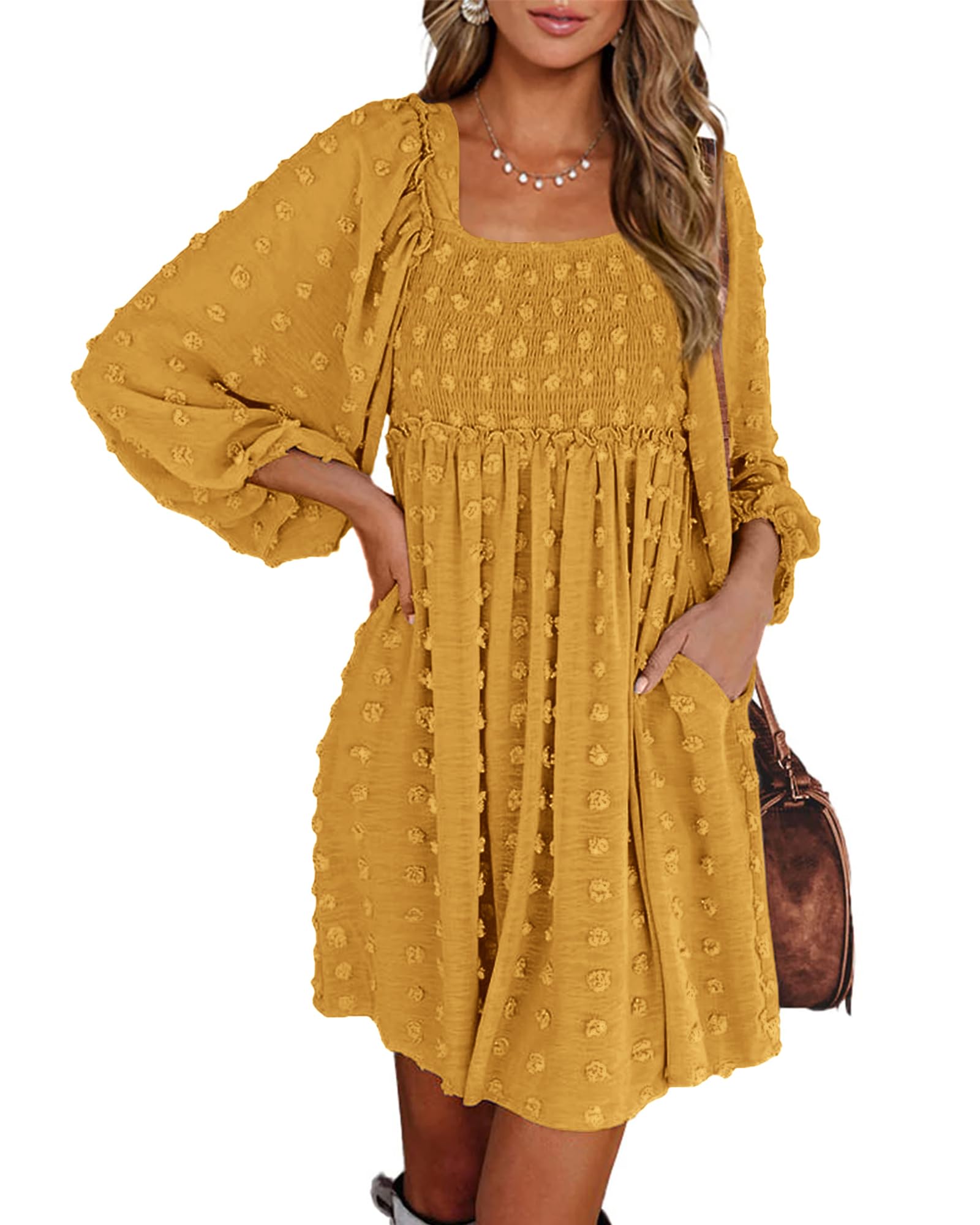 BTFBM Women's Floral Swiss Dot Smocked Mini Dress - Square Neck Long Sleeve Boho Dress for Wedding Guest, Spring & Summer 2025 | Perfect for Garden Parties, Bridal Showers & Date Nights