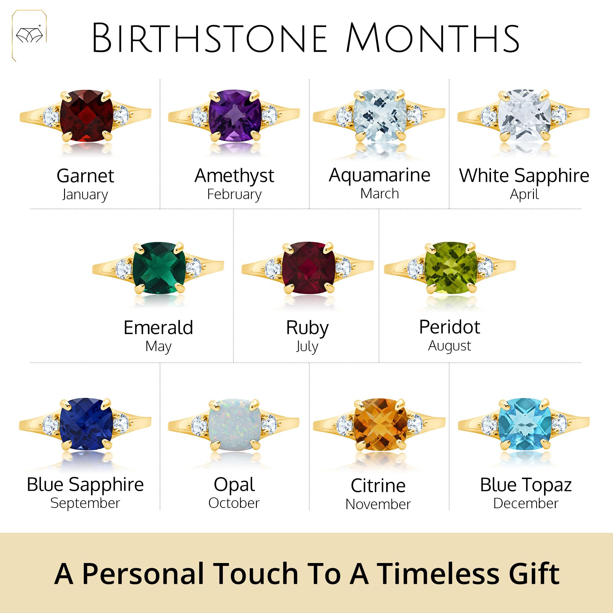 MAX & STONE 10k Gold Gemstone Rings for Women | Cushion Cut Three Stone Birthstone Ring | Anti-Tarnish Jewelry | Elegant Cocktail Ring with Gift Box (Sizes 5-9) | Perfect for Anniversary Gifts, Valentine's Day & Special Occasions