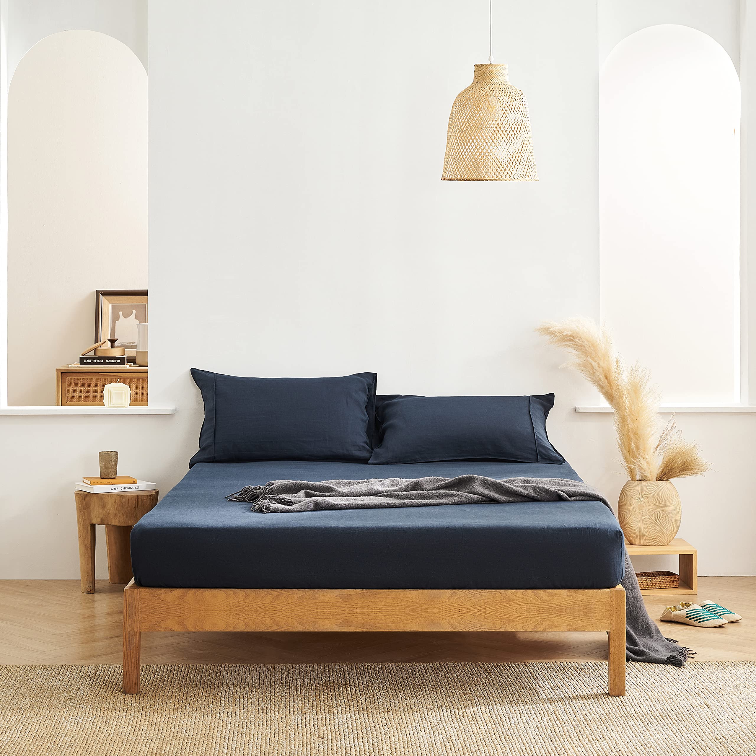 Berklan 100% French Linen Fitted Sheet - 16 Inch Deep Pocket, Fully Elasticized, High Thread Count - Navy Twin Size Bed Sheet for Comfortable Sleep & Luxury Bedroom Decor