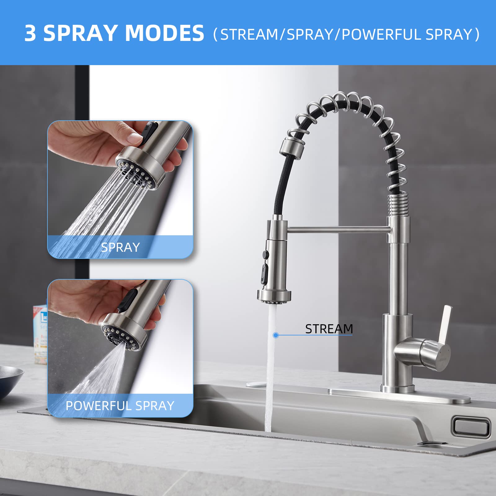Commercial Kitchen Faucet with Pull Down Sprayer - Single Handle Stainless Steel Brushed Nickel Sink Faucet with Deck Plate | Ideal for Restaurants, Food Trucks & Home Kitchens