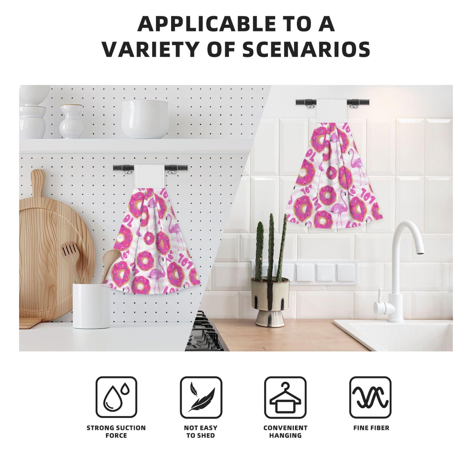 Flamingo & Donuts Hanging Kitchen Towel Set - Soft Coral Velvet Hand Towels with Loops for Bathroom, Kitchen & Dish Wiping | Cute Home Decor & Practical Cleaning Cloth for Daily Use