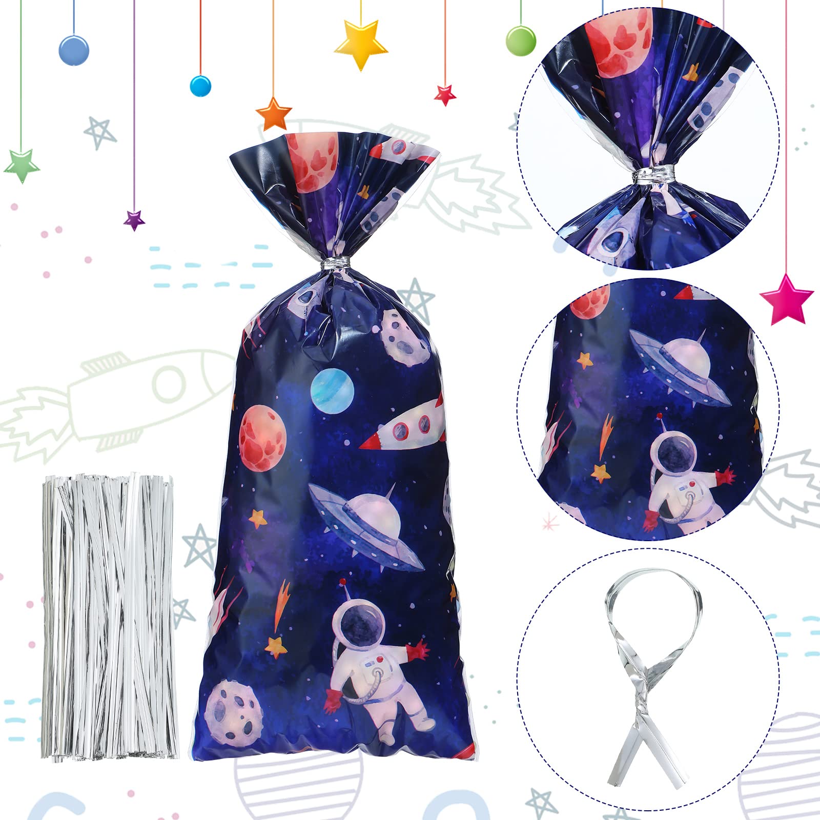 Yexiya 120 Pcs Outer Space Cellophane Bags - Galaxy Themed Plastic Goodie Bags for Astronaut Party Favors, Candy & Birthday Decorations - Perfect for Space-Themed Birthday Parties, Baby Showers & Classroom Rewards