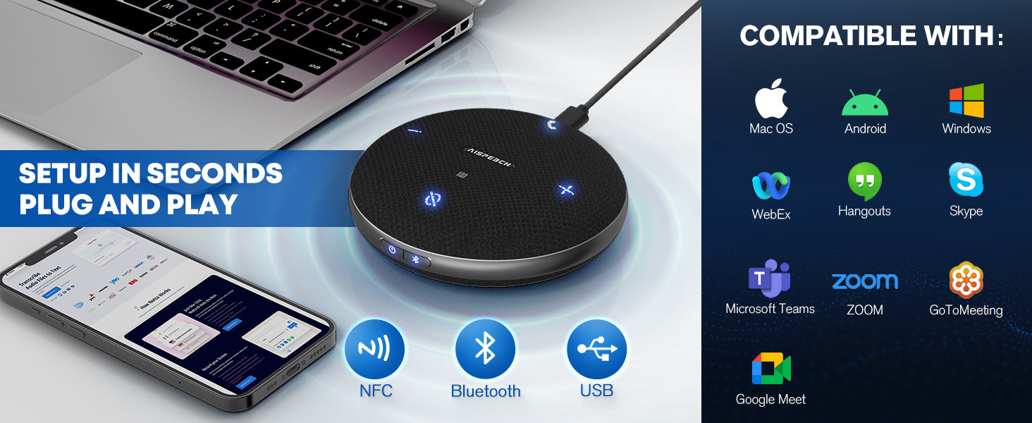 AISPEECH M4 Bluetooth Conference Microphone - AI Noise Cancelling, Real-Time Transcription, Duplex Call, USB Connectivity, 360° Voice Pickup for Online Meetings, Webinars & Remote Work