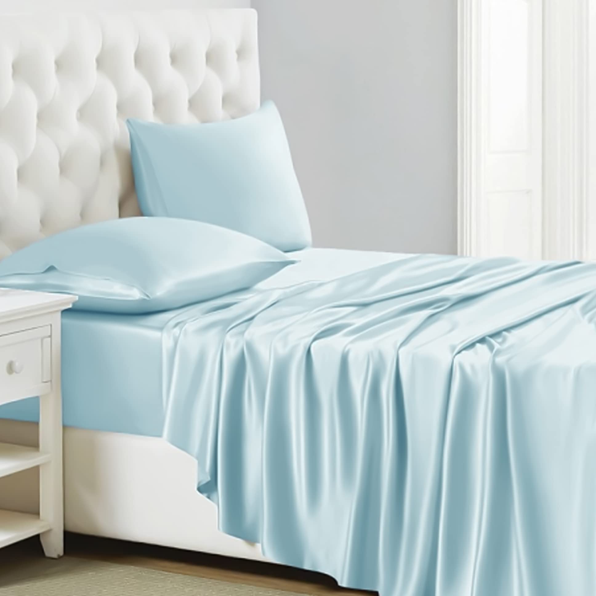 Premium 600-Thread Count Cotton Bedsheets - Hotel Quality Sateen Weave with Deep Pocket (Queen, Chambray Blue) for Luxury Bedroom Decor
