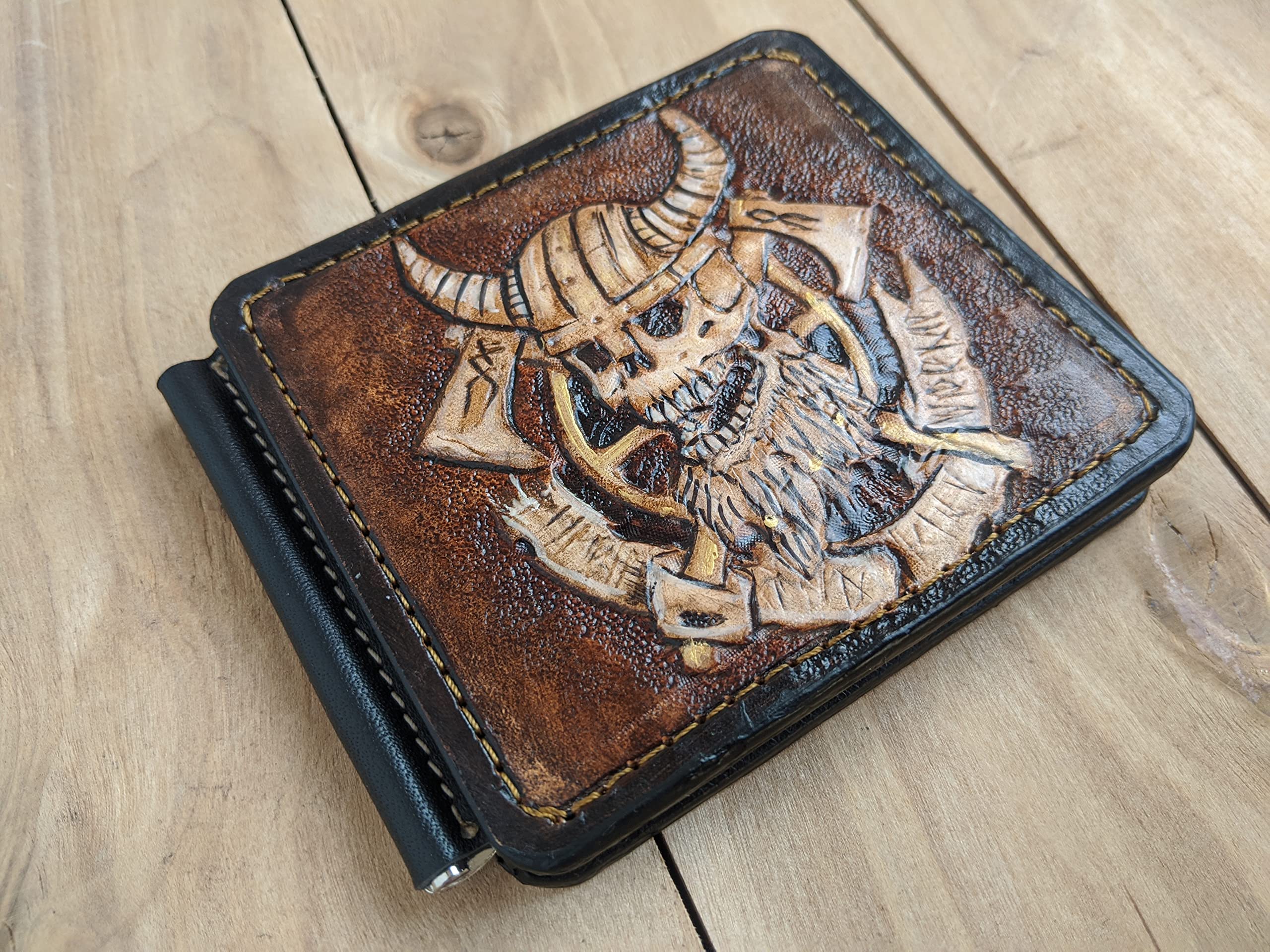 Viking Warrior 3D Genuine Leather Wallet for Men - Handmade Carved Money Clip with Norse Axes, Odin, Runes & Crow Design - Custom Personalized Airbrush Art Tooled Skeleton Skull Wallet - Perfect for Viking Lovers, Collectors & Unique Gift Ideas