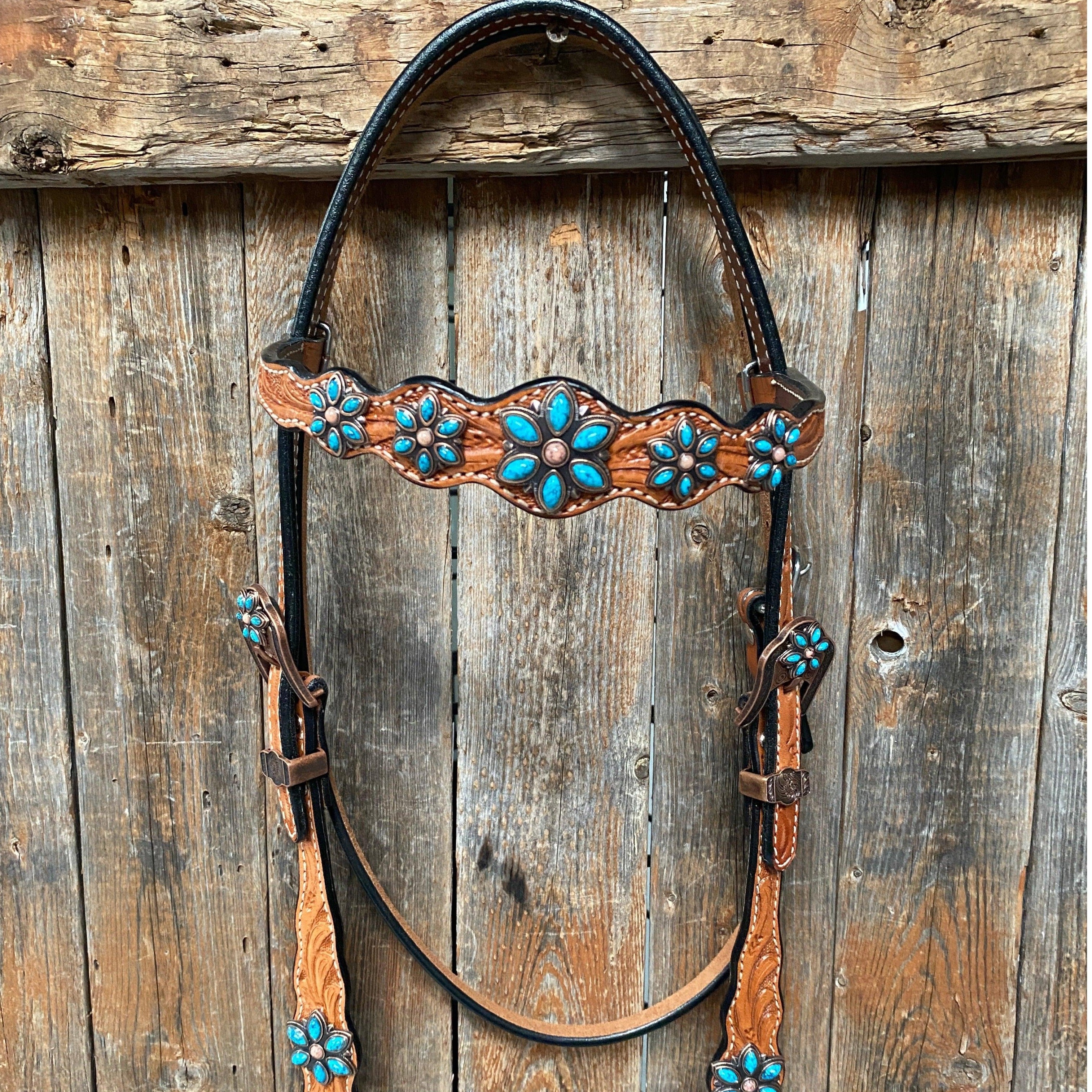 Elegant Light Floral Turquoise Browband & One Ear Tack Set with Wither Strap for Horses | Western Riding Show Accessories | Perfect for Equestrian Competitions & Trail Rides