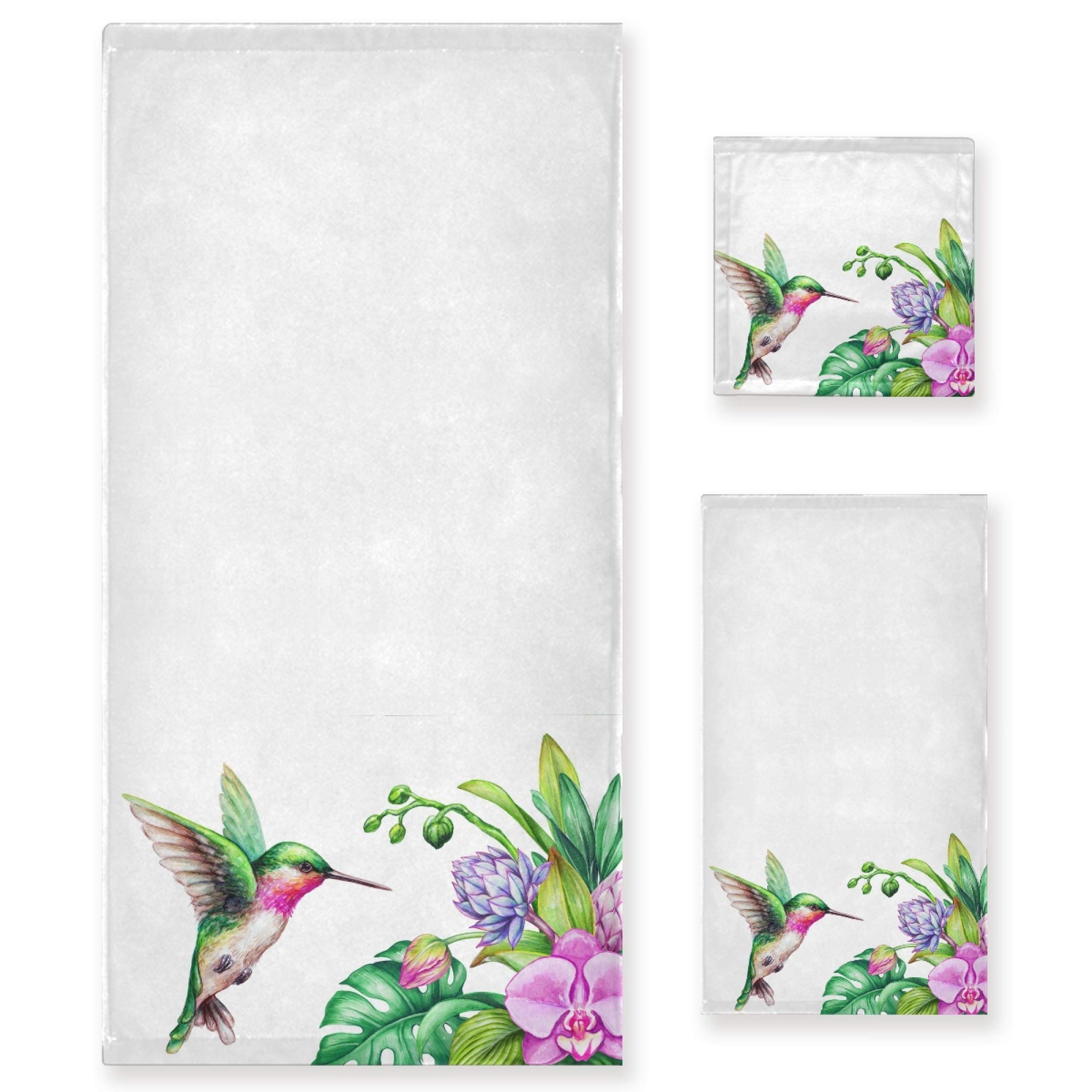 Naanle 3-Piece Watercolor Hummingbird Bath Towel Set - 1 Bath Towel, 1 Hand Towel, 1 Washcloth - Soft, Absorbent & Quick-Drying Towels for Bathroom, Spa, or Beach - Tropical Orchid Flower & Jungle Leaves Design