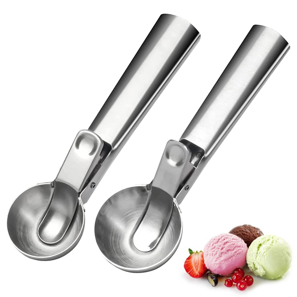 Jayvar Stainless Steel Ice Cream Scoop Set with Trigger & Comfortable Handle - 2-Piece Scoop Spoon for DIY Ice Cream, Gelato, Sorbet, Fruit, Cookies | Dishwasher Safe & Portable | Perfect for Home Kitchen, Ice Cream Shops & Parties