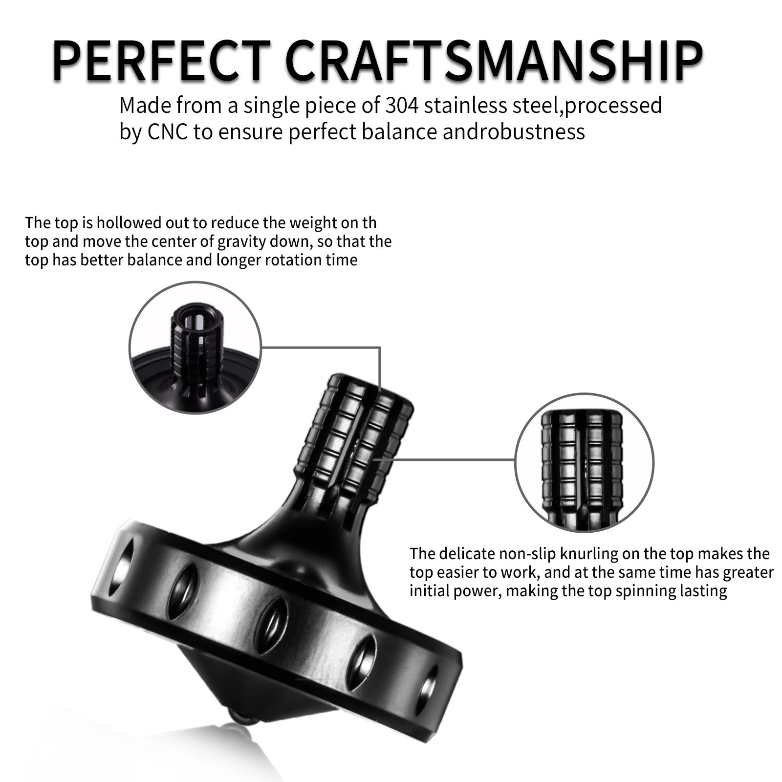 Premium Stainless Steel Spinning Top for Adults - Longest Spin Time & Perfect Balance - EDC Office Desktop Toy (Large, Black) - Perfect for Stress Relief, Focus Training & Party Games
