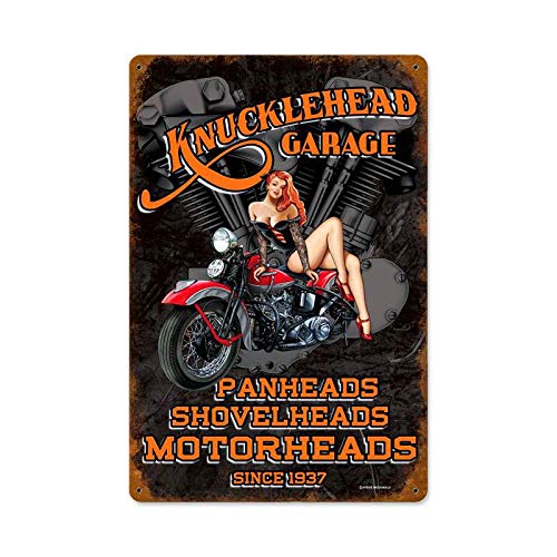 Vintage Knucklehead Garage Motorcycle Metal Sign - Retro Man Cave Decor for Bikers & Motorcycle Enthusiasts - Perfect for Garage, Workshop, or Home Bar Wall Art