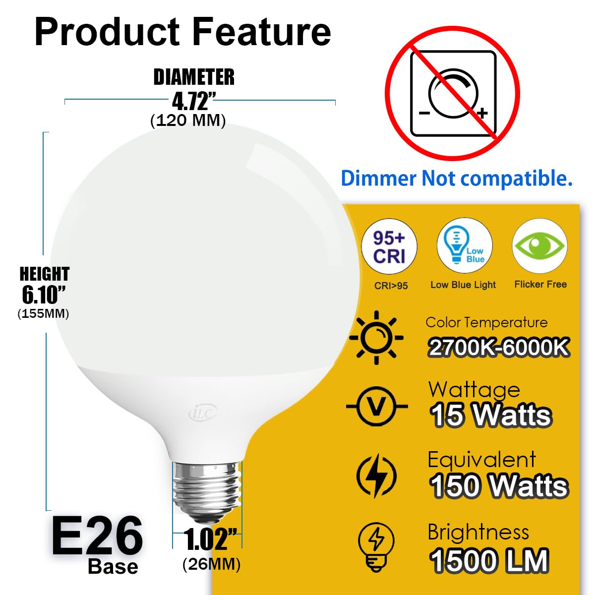 ILC G120 LED Large Globe Light Bulbs 15W (2 Pack) - Alexa Compatible, 150W Equivalent, 2700K-6000K Adjustable Color Temperature, E26 Base, CRI>95+ - Perfect for Living Room, Bedroom, or Smart Home Lighting