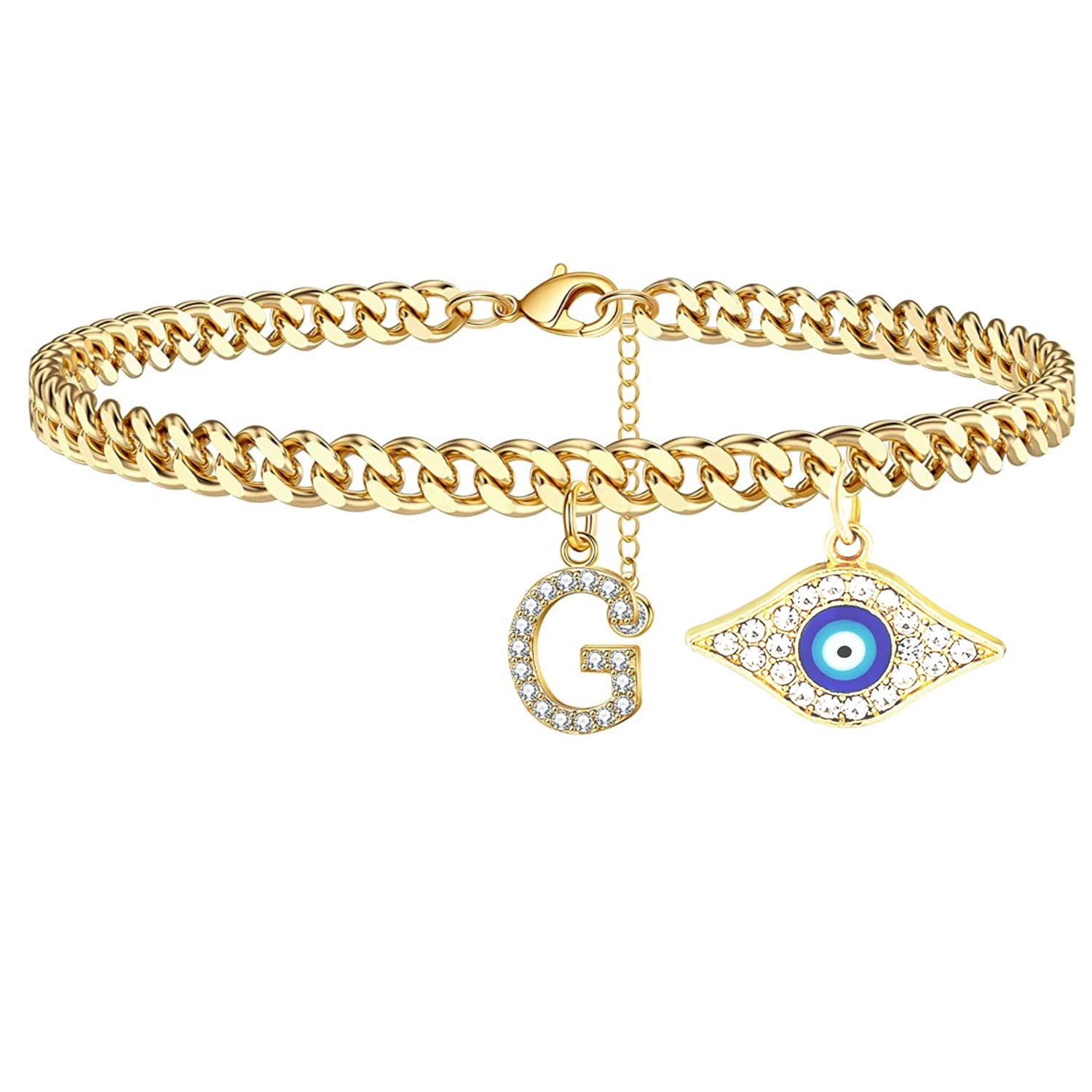 18K Gold Plated Dainty Cuban Link CZ Initial Anklet Bracelet for Women - Evil Eye Protection Charm, Personalized Letter Ankle Jewelry - Perfect Summer Gift for Women & Teen Girls | Beach Vacation, Date Night, Casual Wear