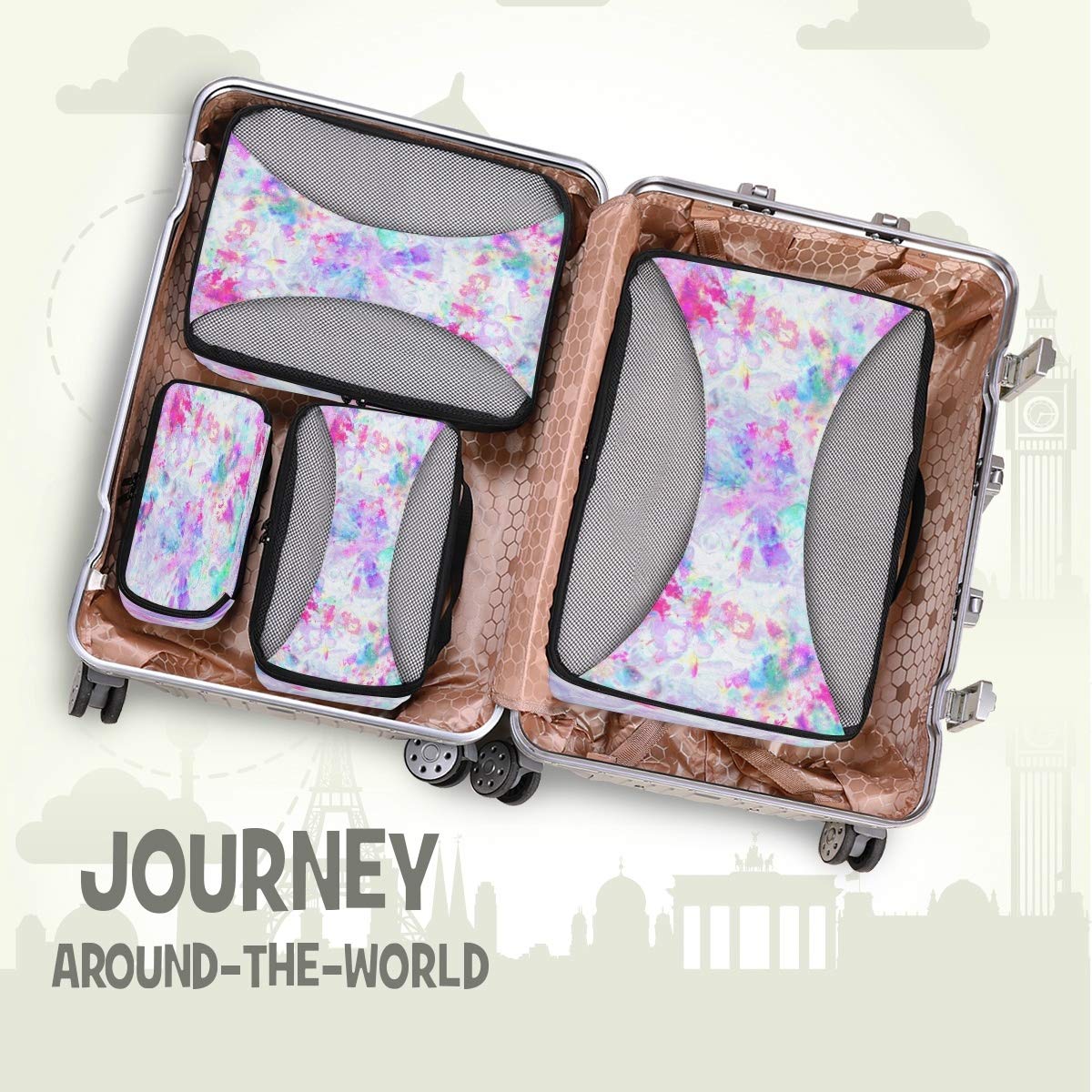 Abstract Tie Dye Rainbow Print Packing Cubes Set (4 PCS) - Compression Travel Organizer Bags for Suitcases & Luggage - Perfect for Vacation, Business Trips & Weekend Getaways
