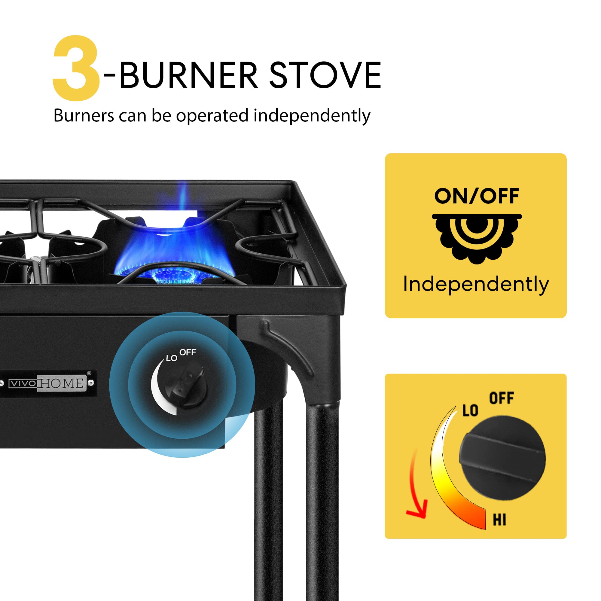 VIVOHOME 225,000 BTU Outdoor 3-Burner Propane Gas Stove - Heavy Duty Portable Camping Stove with Detachable Legs Stand - Perfect for Backyard BBQ, Tailgating, RV Trips & Outdoor Adventures