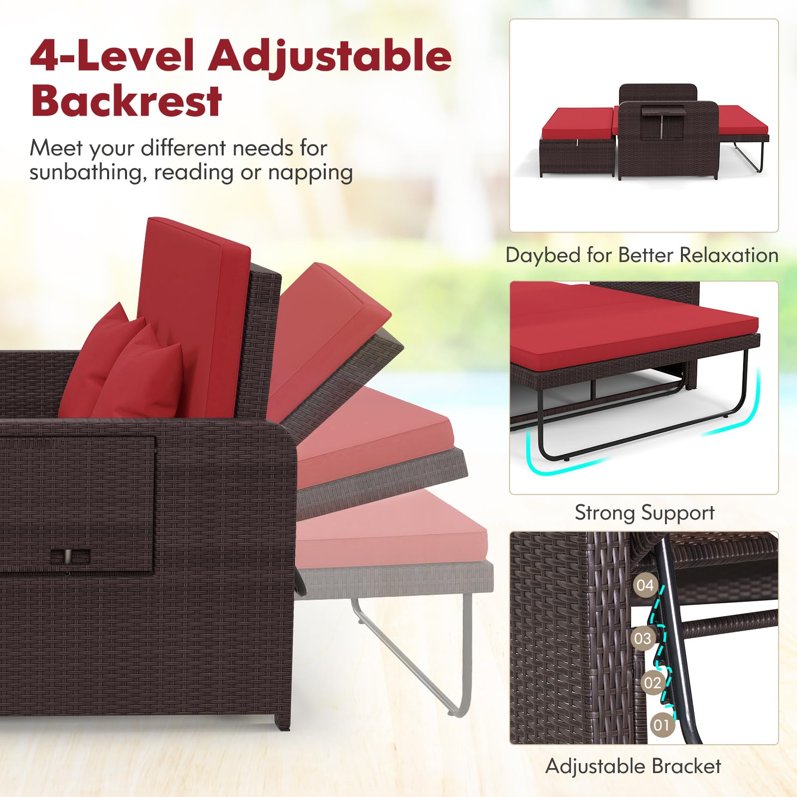 RELAX4LIFE Outdoor Wicker Daybed with Adjustable Backrest - Rattan Patio Lounger Set with Loveseat, Storage Ottoman & Cushions - 4-Level Reclining & 2 Retractable Trays - Perfect for Poolside, Garden or Patio Relaxation (Red)