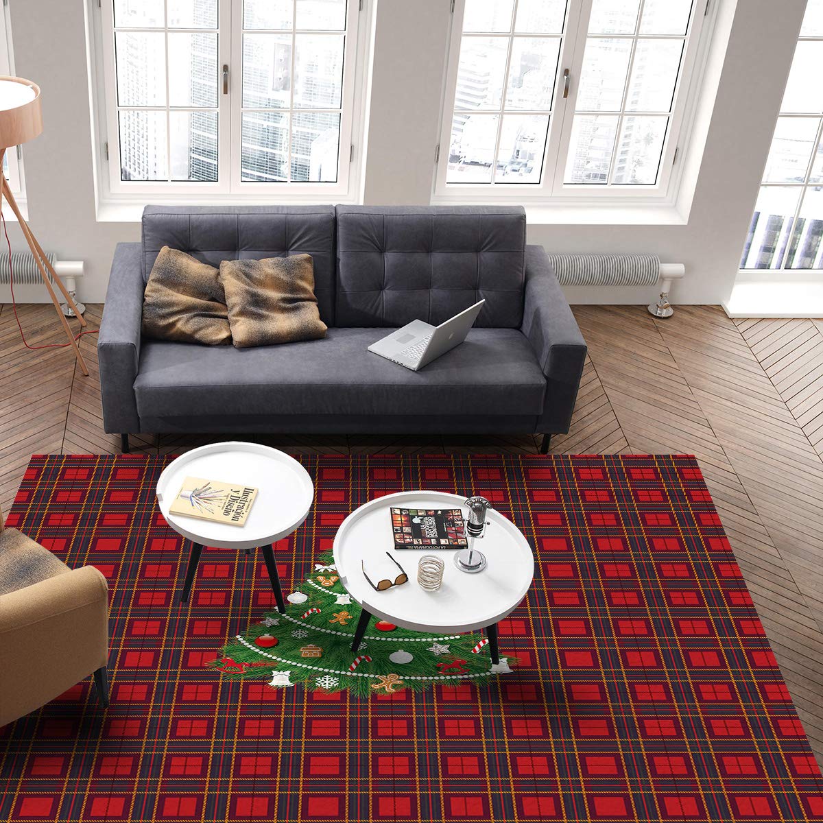 Modern Red Checkered Area Rug 4x6 Feet - Christmas Tree Pattern Decorative Floor Mat for Bedroom, Living Room, Dining Room | Soft Indoor Rug for Home Decor, Holiday Season & Cozy Winter Vibes