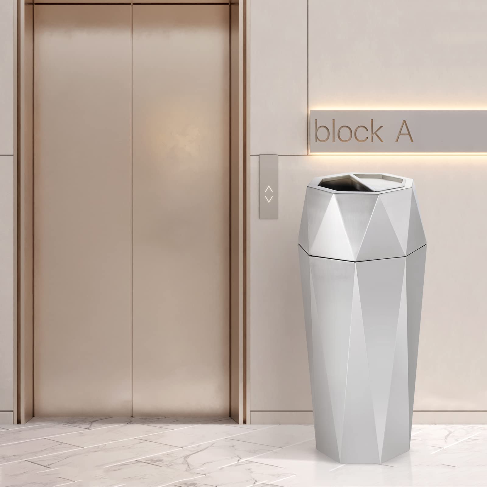 Dyna-Living Stainless Steel Commercial Trash Can with Lid - Heavy Duty Outdoor/Indoor Garbage Bin for Restaurant, Office, Kitchen, Park - Large Capacity Open Top Industrial Waste Container (Silver)