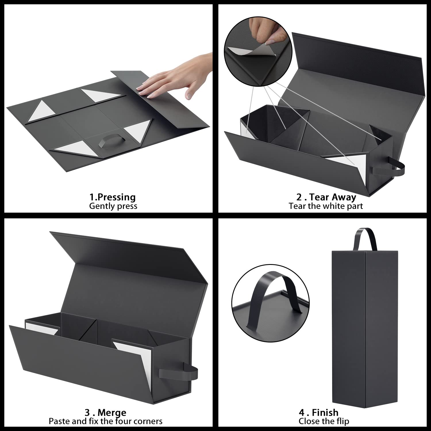 Premium Magnetic Wine Gift Box 12.8x3.8x3.8 Inches - Elegant Collapsible Liquor Bottle Packaging for Champagne & Wine - Perfect for Weddings, Anniversaries, Parties & Corporate Gifts (Black)