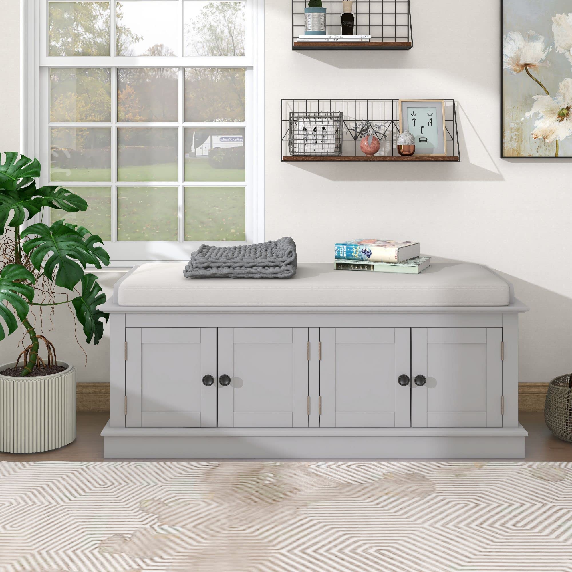 MLPAPA 4-Door Storage Bench with Adjustable Shelves & Removable Cushion - Entryway Shoe Bench for Living Room, Hallway, Bedroom (Gray Wash) - Perfect for Organizing Shoes, Toys & Home Decor