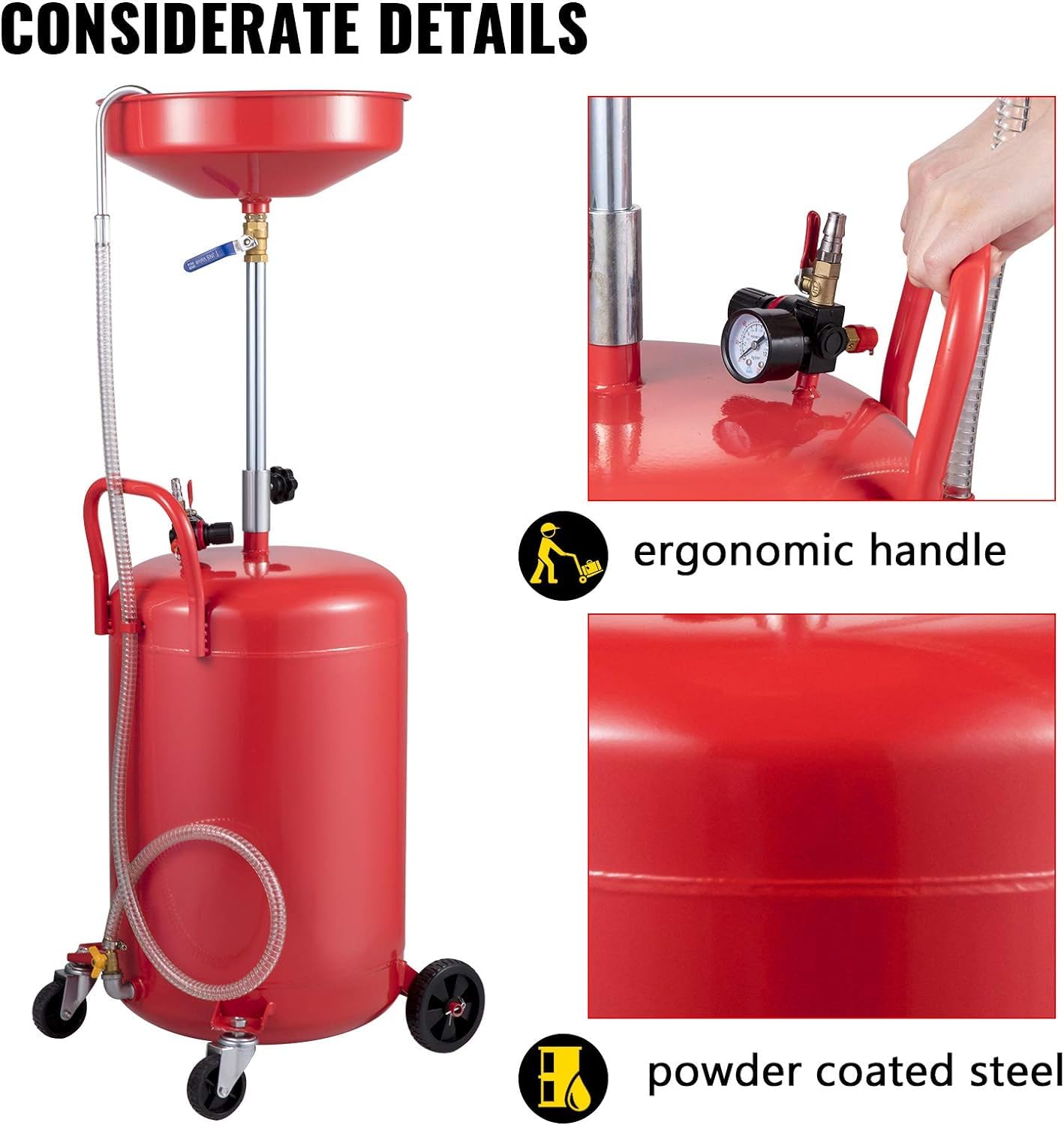 VEVOR 20 Gallon Portable Oil Drain Tank - Air Operated Waste Oil Drain Pan with Adjustable Funnel Height, Pressure Regulating Valve & Wheels - Ideal for Auto Shops, Garage Oil Changes & Industrial Fluid Drainage