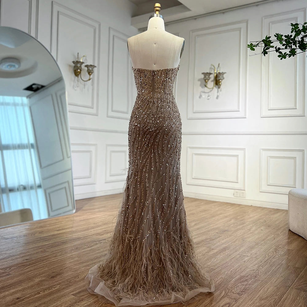 Elegant Blue Feather Beaded Evening Gown with Side Slit - LA72695 | Perfect for Prom, Gala & Formal Events