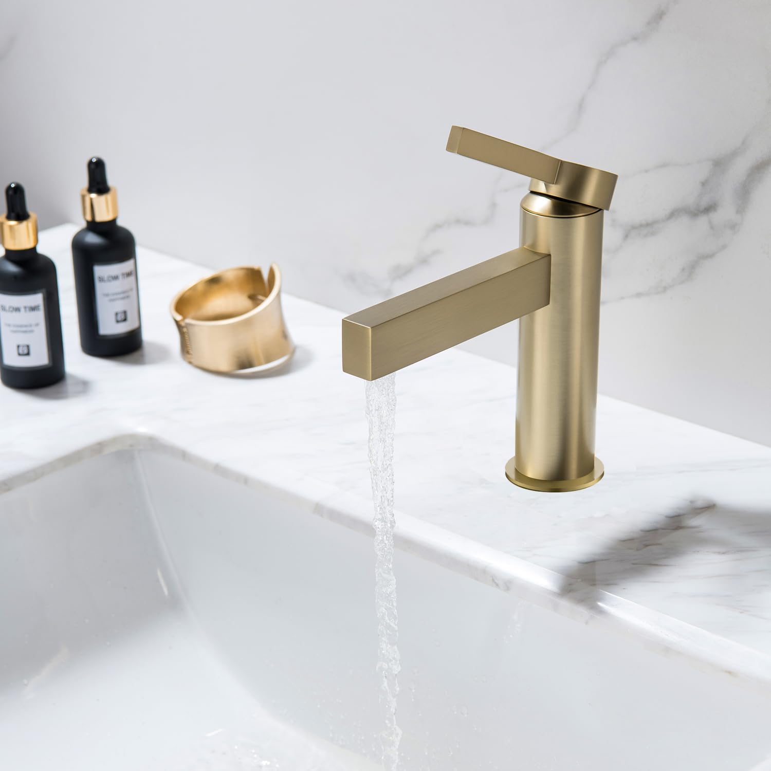 Single Handle Bathroom Sink Faucet with Drain Assembly - Brushed Gold Finish for 1-3 Hole 4 Inch Sinks | Perfect for Modern Vanities, Guest Bathrooms & Powder Rooms