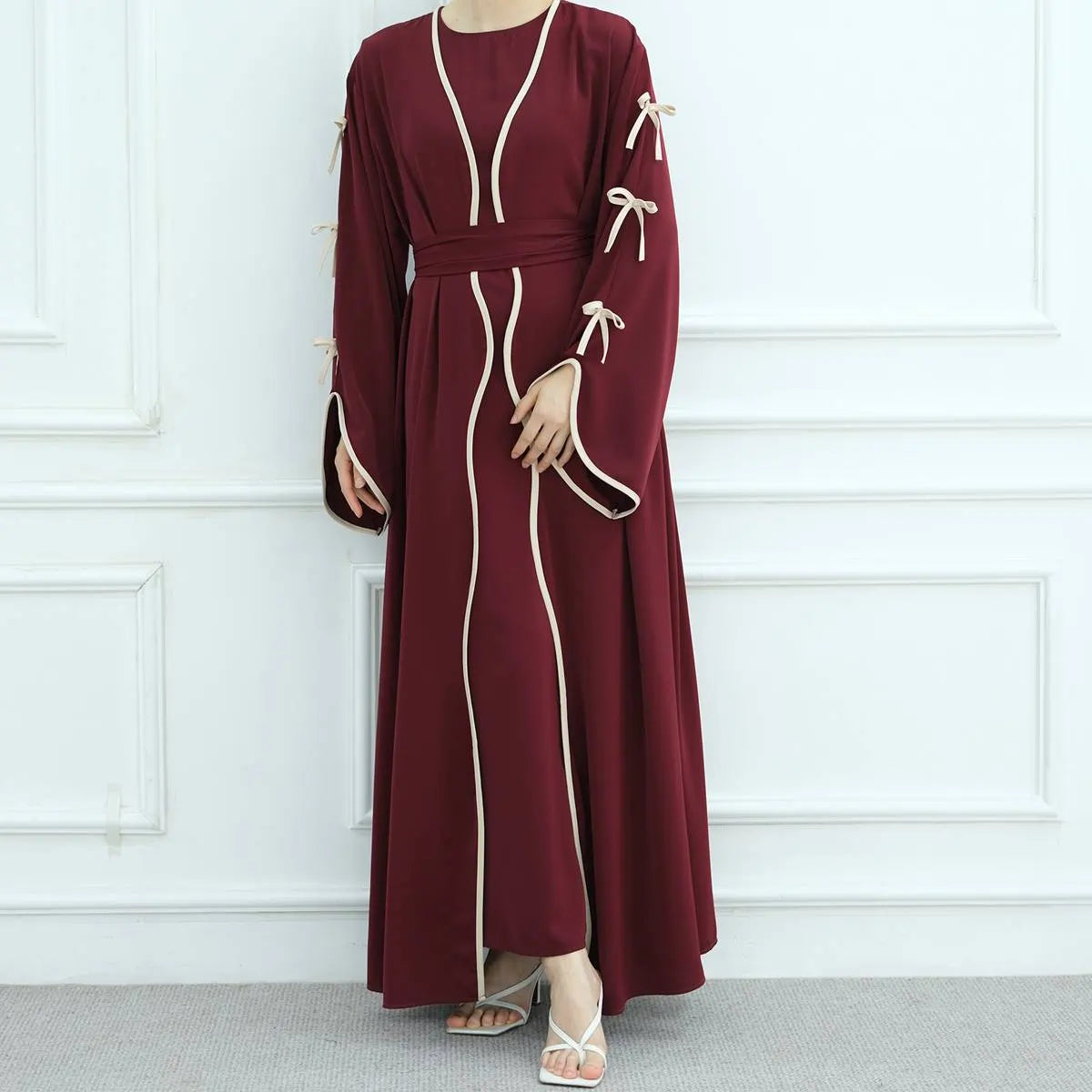 2-Piece Soft Nida Open Abaya Dress Set with Inner Sleeveless Dress - Elegant Muslim Prayer Dress for Women (Beige, #251003) | Perfect for Eid, Ramadan, Mosque & Special Occasions