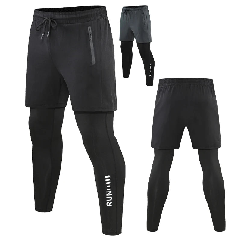 Men's 2-in-1 Running Pants with Pockets - Double Layer Training Leggings for Basketball, Fitness & Workout - Breathable Printed Sweatpants for Jogging, Gym & Outdoor Sports