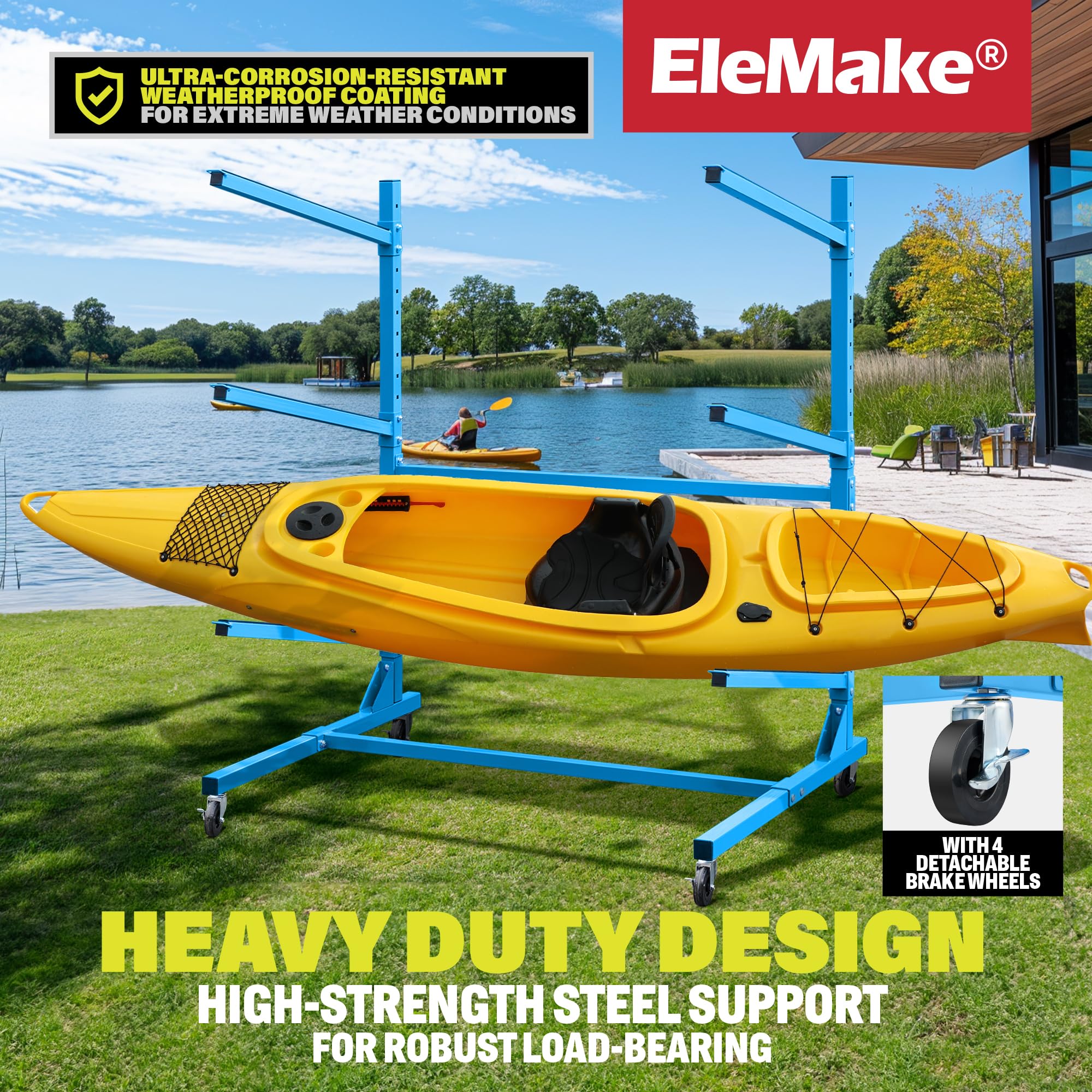 Elemake Heavy Duty Kayak Storage Rack with Wheels - Adjustable Freestanding Water Sports Rack for SUP, Paddleboard, Surfboard - Indoor/Outdoor Weatherproof Holder for Garage, Backyard, Dock Storage