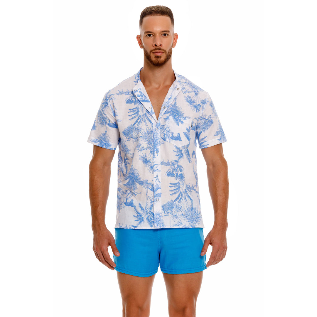 JOR Qatar Men's Short Sleeve Linen Shirt - Floral Blue Pattern - Breathable Summer Casual Wear for Beach & Outdoor Activities
