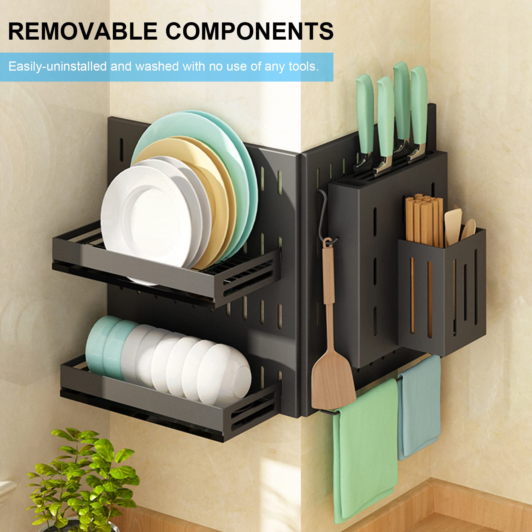 Wall Mounted Kitchen Organizer Set - Removable Pot & Pan Rack with Hooks, Space Saving Silverware Storage for Vegetables & Utensils (3-Piece Set) - Perfect for Small Kitchens & Apartment Organization