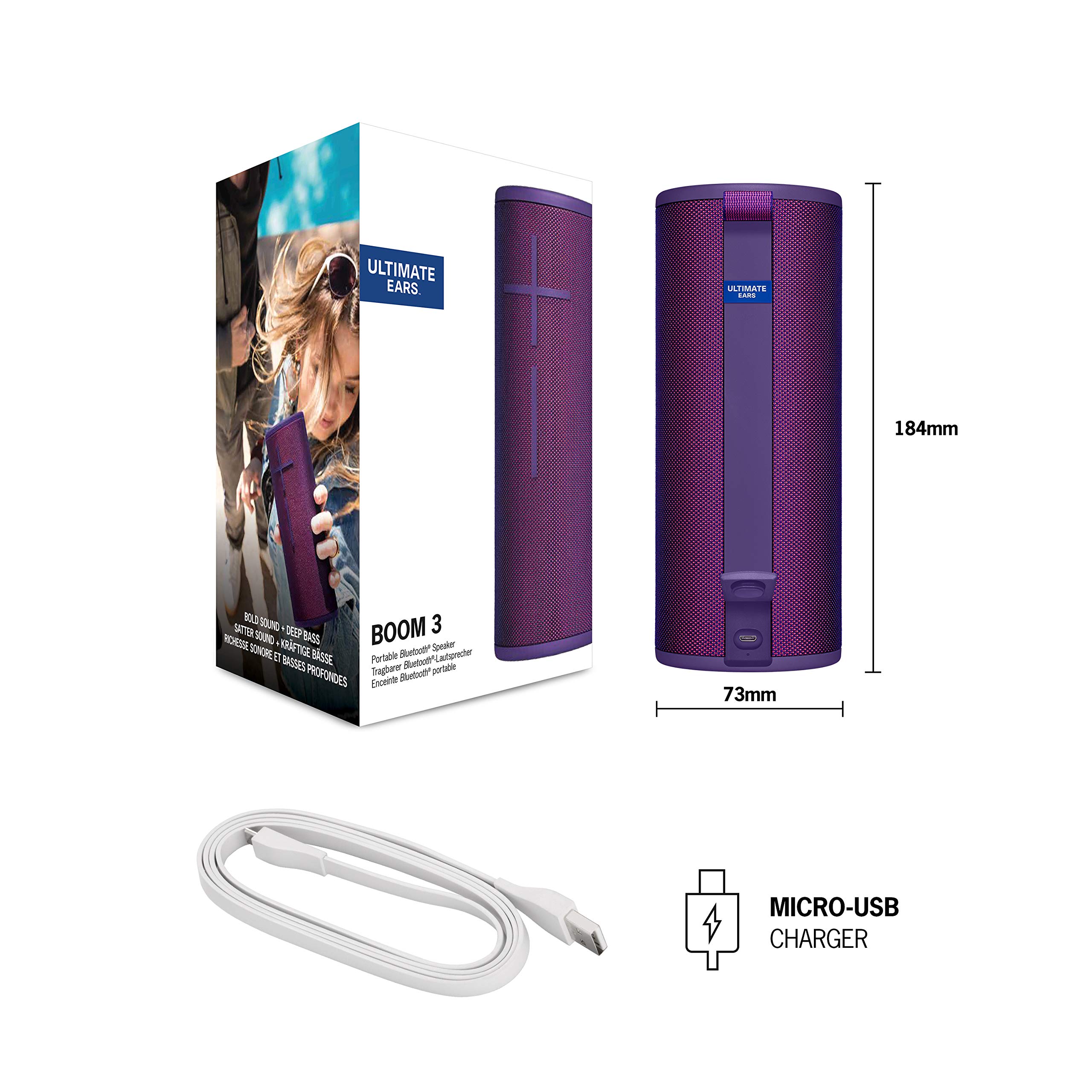 Ultimate Ears Boom 3 Wireless Bluetooth Speaker - Powerful Sound with Deep Bass, Waterproof, 15-Hour Playtime, 150ft Range, Magic Button Control (Ultraviolet Purple) - Perfect for Pool Parties, Beach Outings & Outdoor Adventures