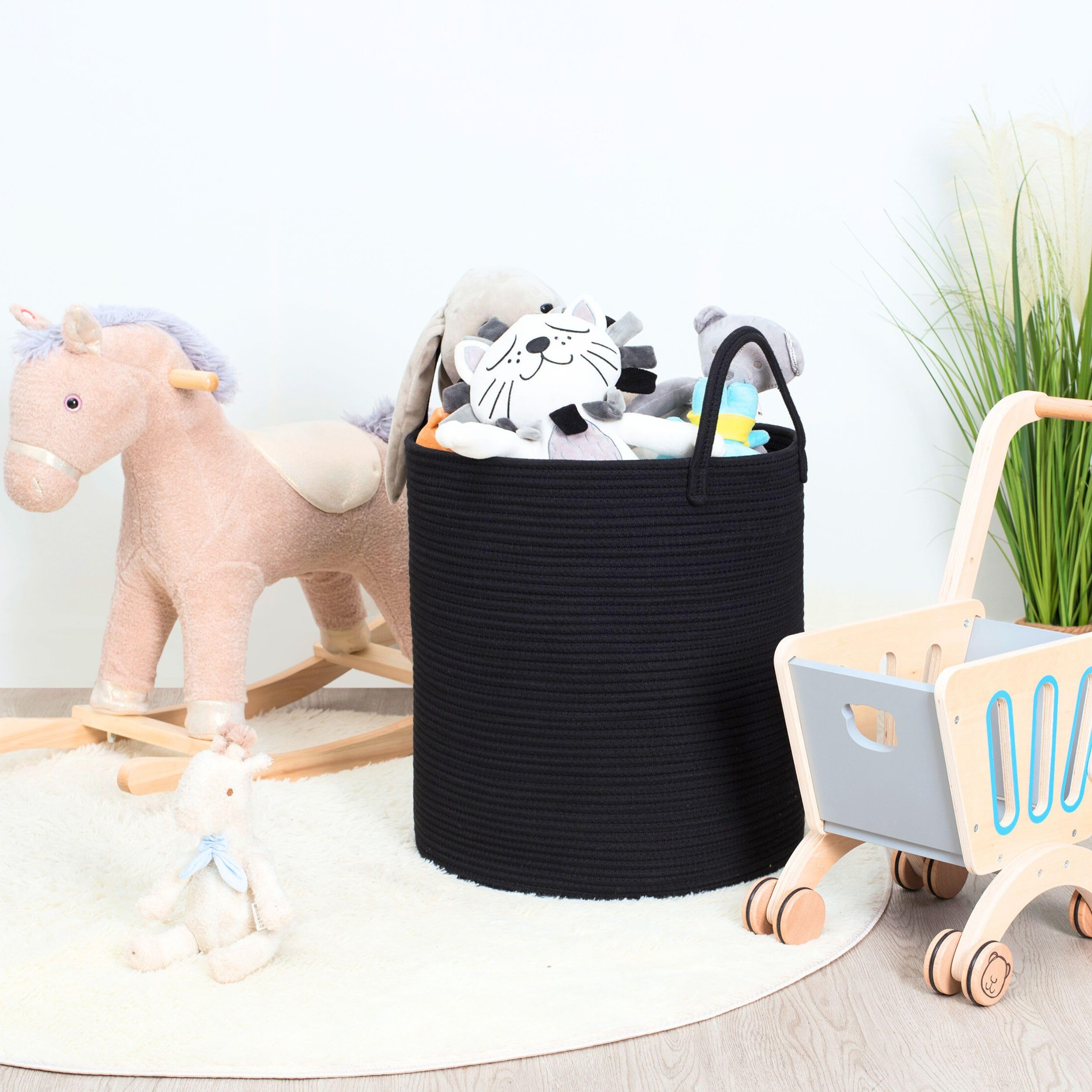 MINTWOOD Large 18x16 Inch Woven Cotton Rope Storage Basket - Black Laundry Hamper, Blanket & Toy Organizer for Living Room, Bedroom, Nursery | Perfect for Towels, Pillows, Throws & Home Decor Storage